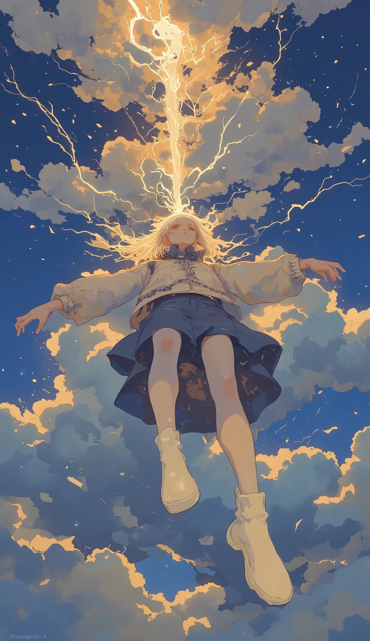 likeい人物が天空の風景の中を転げ落ちている様子が描かれています。, It's like It's as if you're floating or falling in a dramatic sky。. they are surrounded by ominous arrays。, dark clouds are vividly juxtaposed with golden streaks of light。. these streaks resemble meteors or shooting stars、, They give off a warm glow、creates a sense of movement and dynamism within the scene。. like々Looks good , I'm wearing casual clothes 、. their limbs are spread out in the air、, they convey a sense of free fall or zero gravity。. the atmosphere is surreal and dreamy, the interaction of shadows and light、suggests a fantastic world beyond our real world。. In the background, The intricate mesh of glowing lines adds an ethereal texture。, suggest a celestial or cosmic setting。. This art style combines realism and fantasy。, creates an immersive and engaging visual experience。.