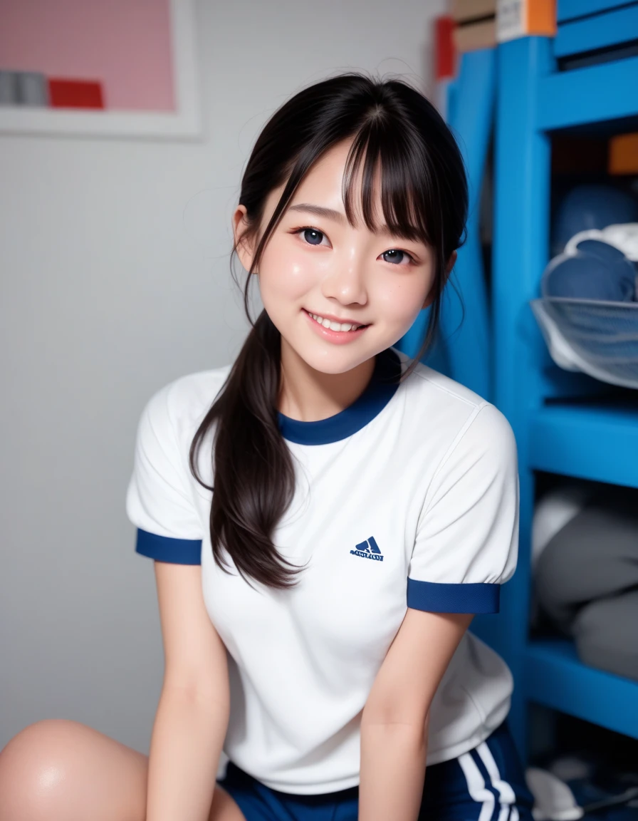 8k、high resolution、masterpiece、realistic、In detail、Fine texture、portrait from head to toe、high contrast、alone、high school girl、natural body shape、white skin、natural makeup、black hair、bangs、straight long hair、((School-specified gym clothes))((The upper body is a long, short-sleeved white gym uniform.、The lower body is dark blue tight short bloomers))、standing、small breasts、、((The upper body is wearing gym clothes))、((school classroom))、looking at the camera、、full body photo、focus on crotch、thighs exposed、white socks、white shoes, shy smile, cute natural face, arms behind back,
