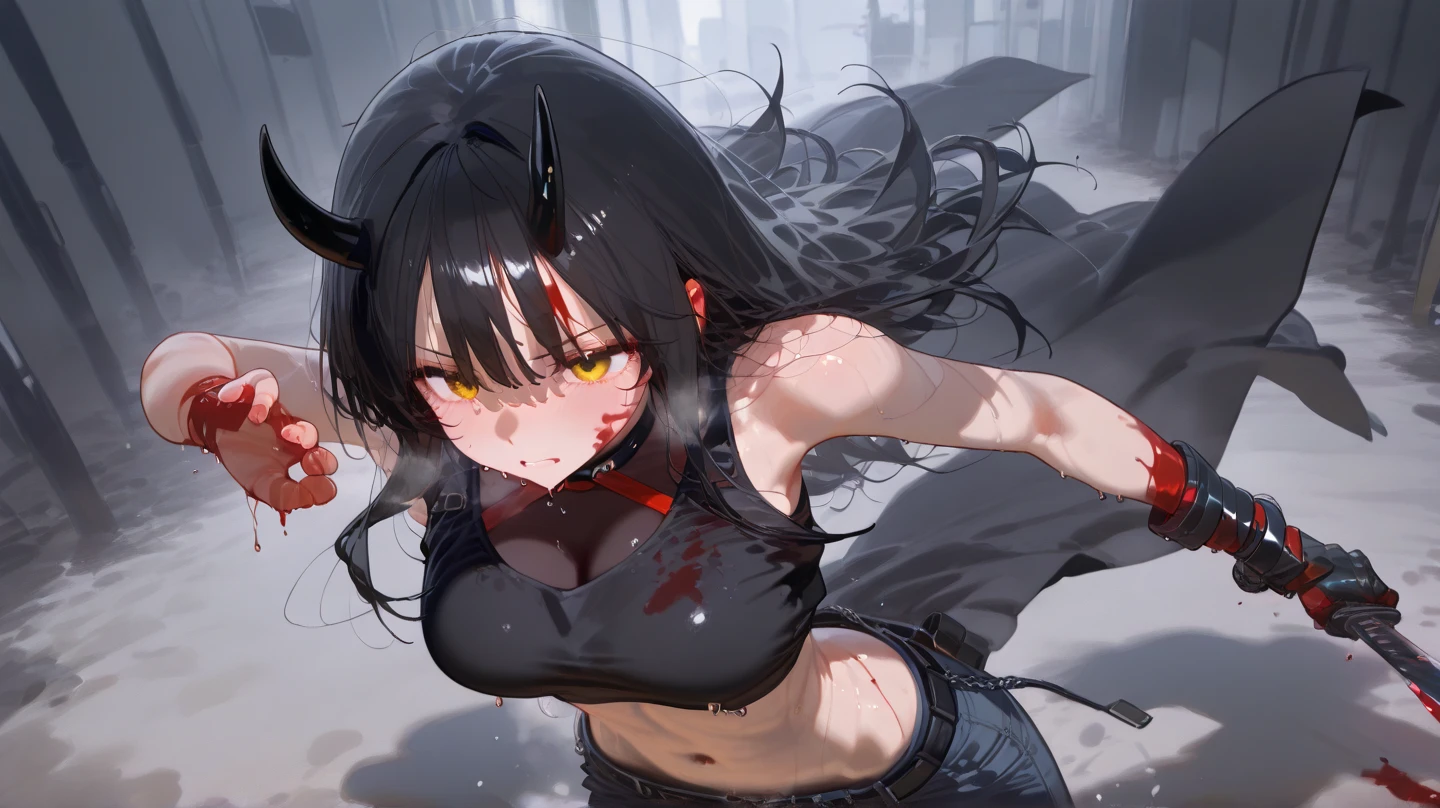 Solo. Creepy, terrifying extremely muscularly lean girl with short messy curly black hair, big breasts, defined muscular thighs, a sharp jawline, crazy red eyes, metal wires joining his seperated upper jaw and lower jaw, Jeff the killer's mouth, defined muscular forearms, sharp shark-like teeth for teeth, pale white skin, red eyes on her body, wearing only a big white T-shirt, eating a lung, in a black background. Cannibalistic. Floating red eyeballs. Horror. Her name is Cannaria, 17 year old. Blood, smiling. Extra eyes
