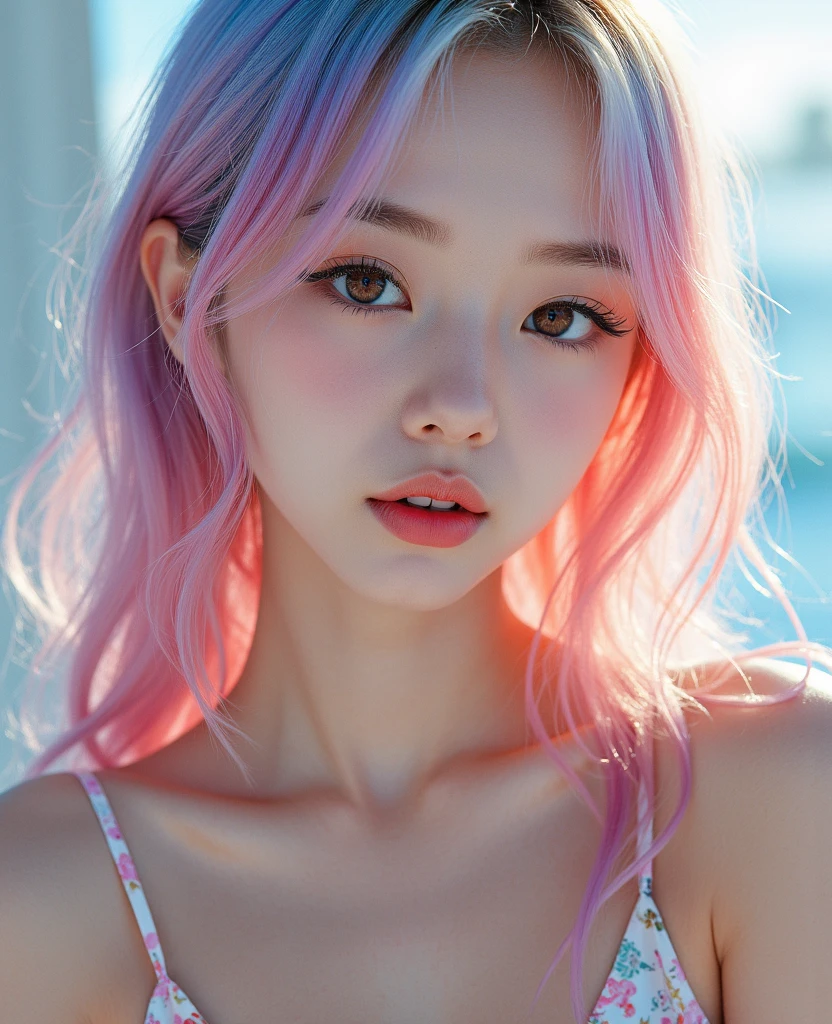 (RAW Photos) Girl in sexy t-shirt, I pressed my arms against my chest.., (Big breasts:1.5), Cleavage, Medium Long Hair, (pink and blue hair), Upper body photo, Realistic Light, Surreal, Highest quality, 8K, ((Beautiful Hands)), Correct Anatomy.
