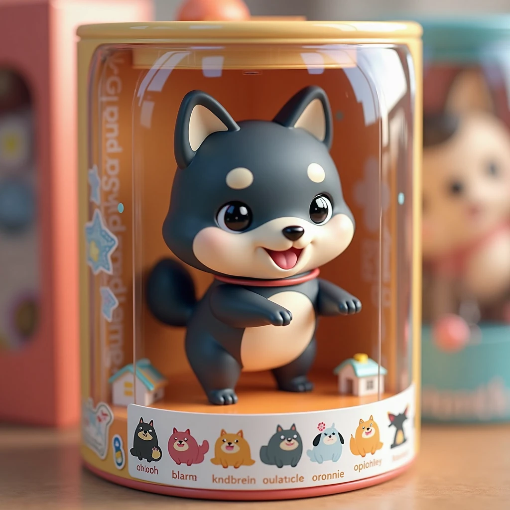 packaged like the figure you are selling、Package design for sale、very cute little black bean shiba、Dynamic、Dynamicなポーズ、Displayed in the showcase