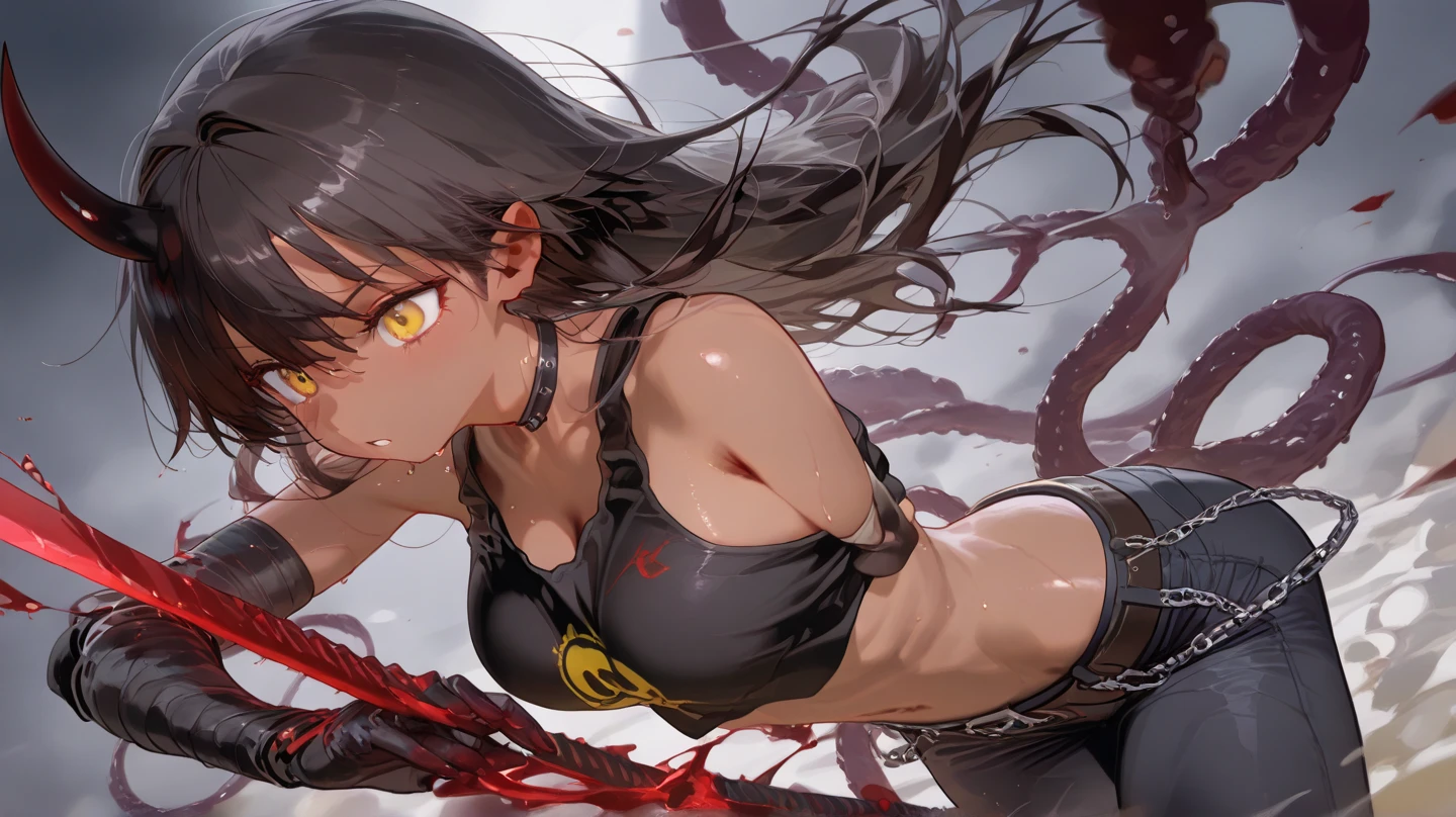 Action Scenes、(A female ninja violated by countless tentacles),((masterpiece,Highest quality:1.3,best quality illustration)), solo,1woman,(Mature Japan beauties)、black hair,(low ponytail hair style),long hair,blunt bangs,black eyes,gorgeous eyes,((very small head:1.3)),blush,pain,((very long body:1.2)),medium breasts,(tan skin), (gleaming skin,toned body,slender body, skinny),(Torn black female ninja costume、Injury:1.5,No sleeve、nipples,Black mini skirt),kneeling,Urban area,Collapsed Buildingoonlit Night、Modern Tokyo、nsfw,