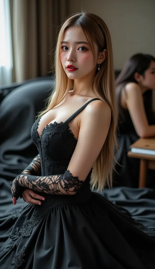((Best Quality, 8K, masutepiece:1.3, 1 girl, Beautiful Girl)), Cute, Dynamism, Detailed face, Detailed skin, Detailed eyes, Detailed lips, Detailed fingers, Round buttocks, Photorealistic, Raw photo, Natural light, Perfect Anatomy, ((silver hair)), tied up gothic ta Black maid dress, long sleeve, Looking at Viewer, thighhigh, red lips, sunset, gothic mansion, cleavage, spreading legs, ecstatic face, nsfw, braided hair, tear bags, eyeshadow:1.2