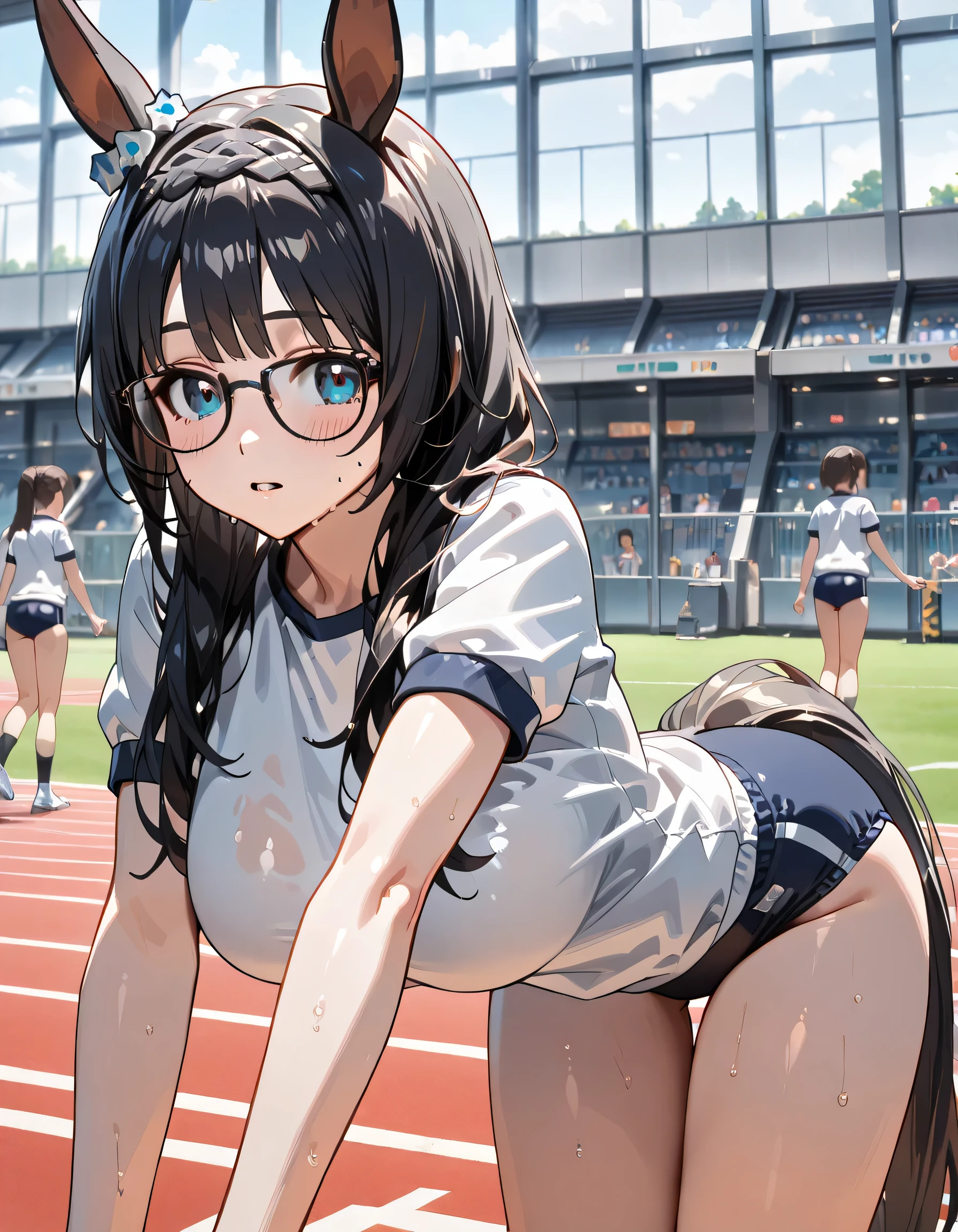 ((ultra-detailed)), (highly detailed CG illustration), (best quality:1.2), ultra-highly detailed, colorful composition, artistic photoshoot, 1girl, solo focus, thigh to top, cowboy shot, moe anime character, girl, dainty facial structure, baby face, round face, rounded chin, ideal ratio body proportions, Zenno Rob Roy, (umamusume), ample breast, Zenno, (glasses:1.3), (black-rimmed glasses:1.3), long dark hair, blue eyes, horse ears, horse girl, brai:1.3, ample breasts, white gym uniform with Navy blue rim:1.3, navy blue school gym buruma, wet body, smile:1.3, open mouth1.3, blush:1.3, sweat:1.4, standing in the school sports field:1.2, from behind:1.3, turn around:1.3, bent over:1.3, contrapposto pose, best quality, expecting, pink cheek, blush, light pink gloss slip, portrait, depth of field, soft lighting, sidelighting, shine, lighting, caustics, ray tracing, perfect face, lustrous skin, highly detailed face, highly detailed eyes, perfect face, perfect nose, perfect hair, perfect eyes, perfect anatomy, beautiful hair, beautiful small face, extremely detailed face, beautiful detailed eyes, beautiful clavicle, beautiful body, beautiful huge breasts, leavage, breasts squeezed together, equalize the size of the left and right breasts, beautiful fingers, ((4 fingers)), 1 thumb, lovely, (very detailed background:1.0), (highly detailed background:1.0), rainy aesthetic, intricate details, rainy atmosphere, night colors palette, chromatic aberration