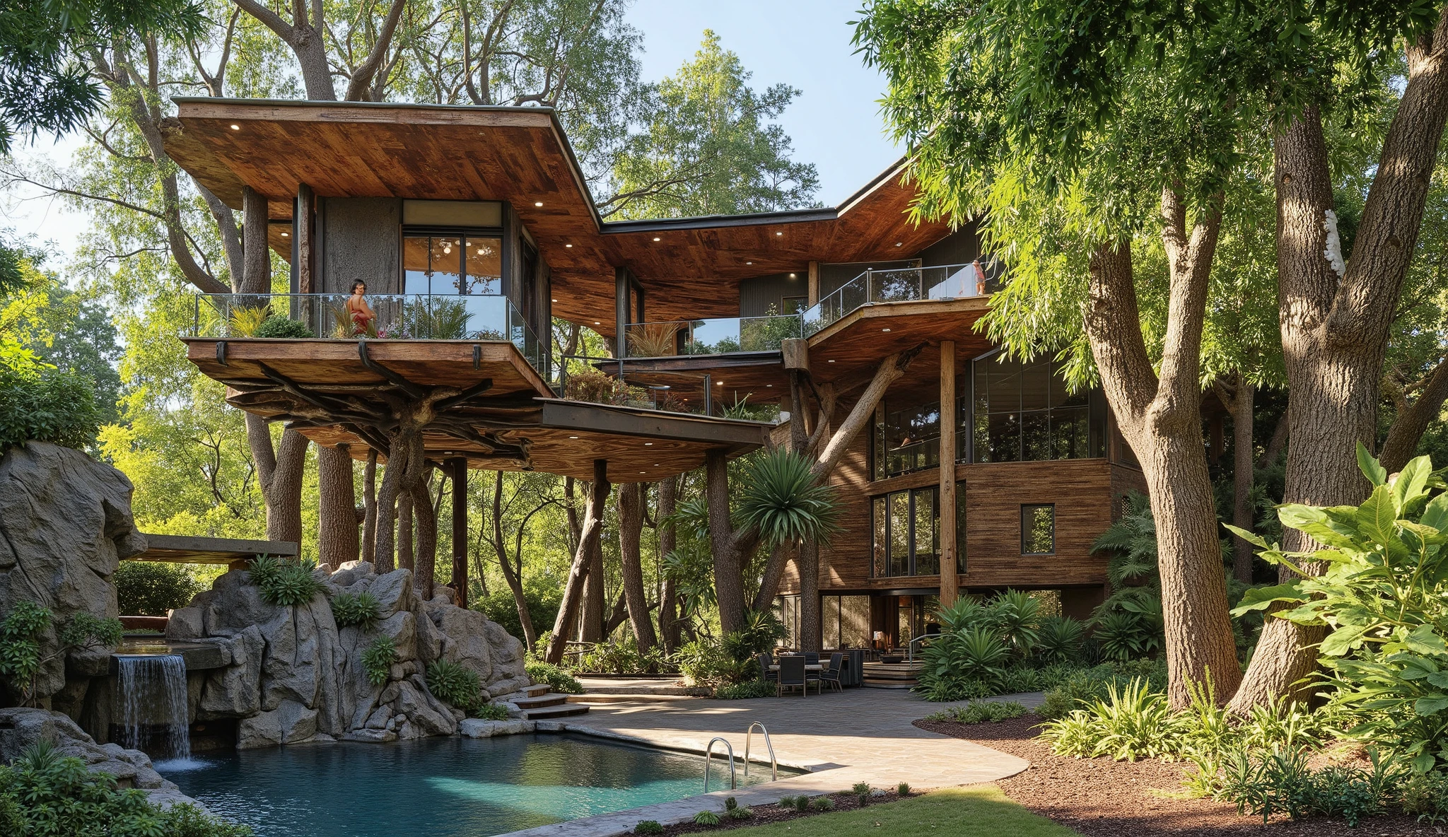 (巨大なtreehouseと豪邸ビルの融合:1.5),(巨木のレッドウッドの上にある巨大treehouse:1.5),(treehouse:1.5),(a modern 3-storey mansion with huge trees:1.5)、There's a gorgeous pool、(a waterfall cascading down from natural bedrock:1.5)、a girl is standing、(巨木のレッドウッドの上にある巨大treehouse:1.5)