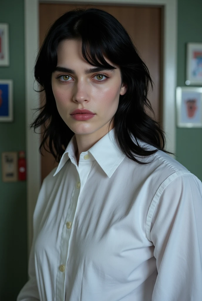 20 years old, Italian girl, same face, cute face, slim body, night time, aqua eyes, brunette hair, cute face, bigger breasts, wearing a plain light blue button-up shirt, sketching in an artist studio with soft lighting