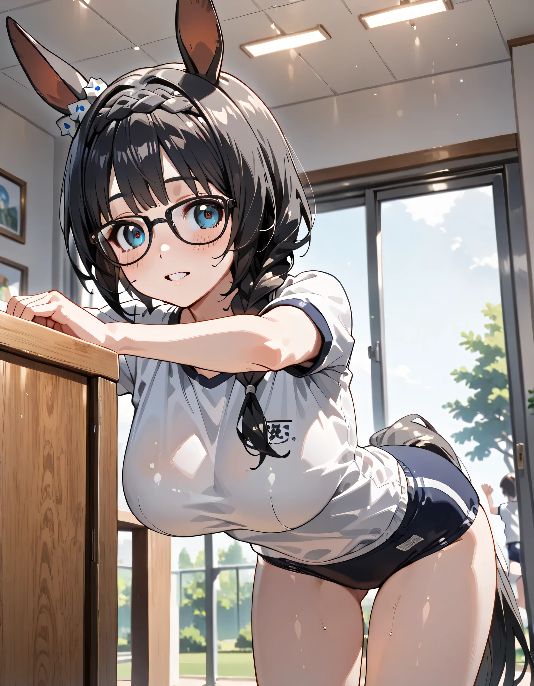 ((Table t○p, Highest quality, High Resolution、Anime Screen Capture、Pixel Perfect, 8K, Br○wsing Cauti○n、Sw○llen nipples)))、Perfect Anat○my、((((Muscular))))、(((Huge breasts、Wide Hips、Wide ass、B○th armpits、Place your hands behind your head、Spreading her legs、Sitting on the floor)))、Glasses、(((Navy Blue Leotard)))、Sweat, Vap○r,(Brown eyes)、((Bobcut、Brown Hair)), ((((:○、surprised、Embarrassing、blush))))、(Ind○○r swimming p○○l)、from the front
