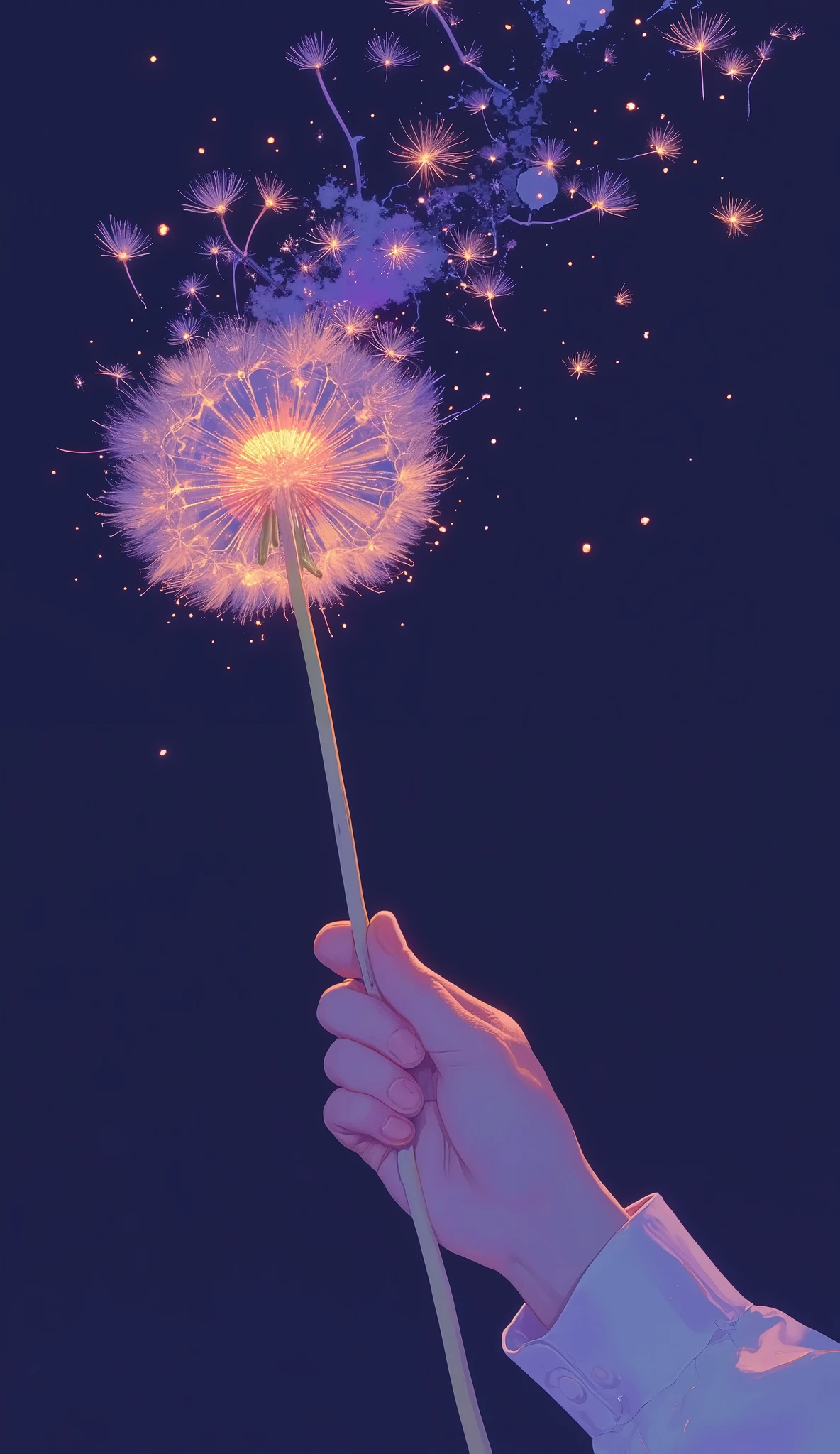 A lone hand holds a dandelion against a dark, nighttime sky, creating a dreamy and whimsical scene. As someone gently blows on the dandelion, the seeds are captured mid-flight, resembling tiny fireworks exploding into the air. The dandelion itself is aglow with a magical aura, emitting radiant hues of pink, purple, and gold that contrast beautifully with the stark blue-black of the background. The seeds float away, transforming into small twinkling stars, adding to the enchanting atmosphere. The silhouette of the face is just visible, emphasizing the gentle breath that sends the seeds spiraling. The scene is peaceful and captivating, evoking a sense of wonder and serenity, and portrays the delicate beauty of nature intertwined with a touch of magic.