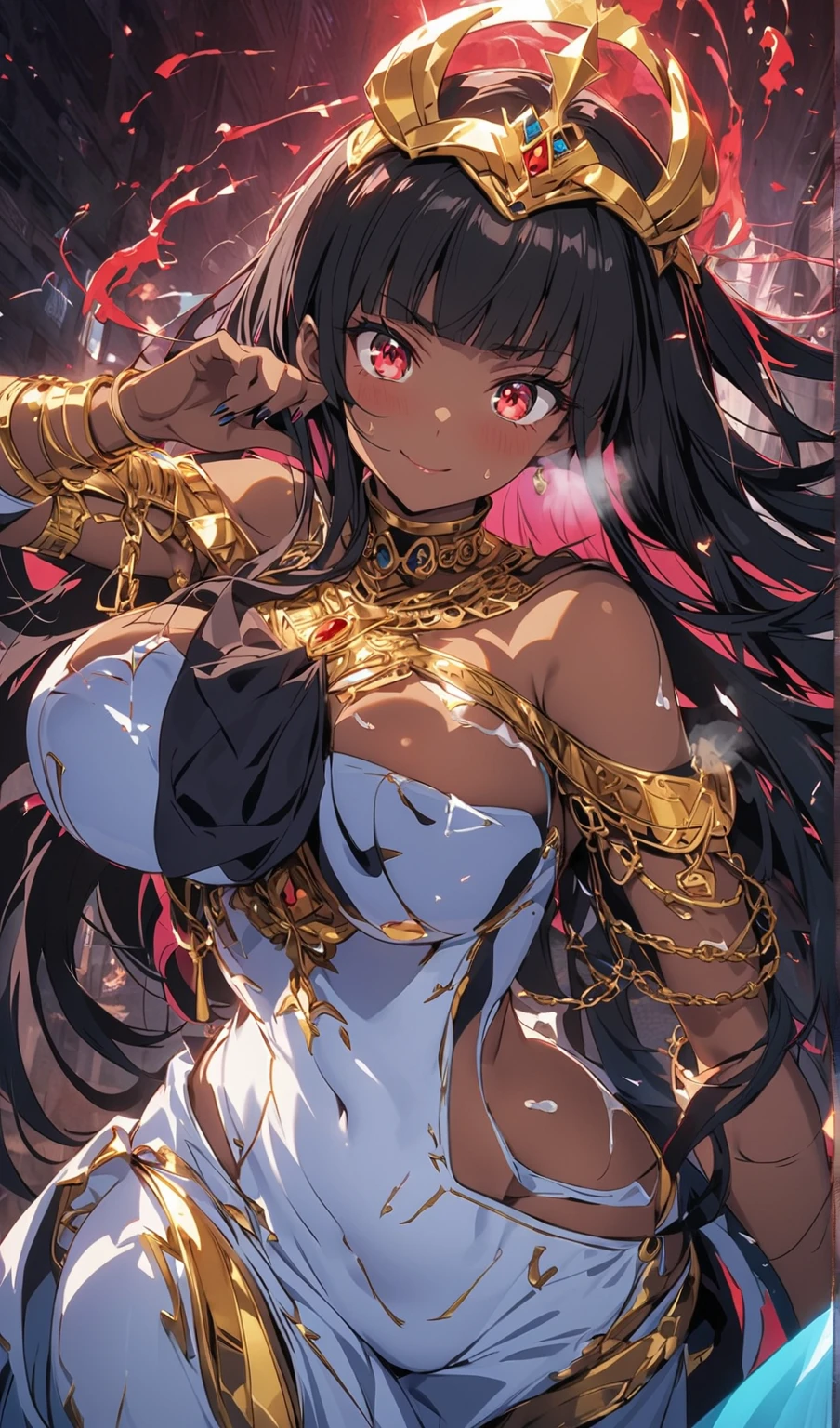 hand on own chest, hands up, black hair, bare shoulder, red eyes, very long hair, cleavage, large breasts, dress, showgirl skirt, high-leg, cleavage cutout, tiara, bare thighs, gauntlets, bare shoulder, (((((((((bare nails, bare fingers, bare hands, good hands, best hands, Correctly aligned fingers, extremely detailed hands and fingers, ultra detailed hands and fingers, super detailed hands and fingers, perfect female hands and fingers, biologically accurate hands and fingers, 4 fingers and 1thumb accurate hands and fingers, beautiful hands and fingers, hands and fingers drawing, human hand and fingers, perfect arrangement of fingers, detail focus hands, perfection hands, better hands))))))))), adult face, fearless face, both arms, two arms, both hands, two hands, super fine illustration, masterpiece, masterwork, by famous artist, official art, ultra high res, best quality, high quality, Hand, detailed, perfect, perfection , hands, both hands is Thumb and index finger and middle finger and ring finger and little finger, symmetrical hands, even hands, panties,