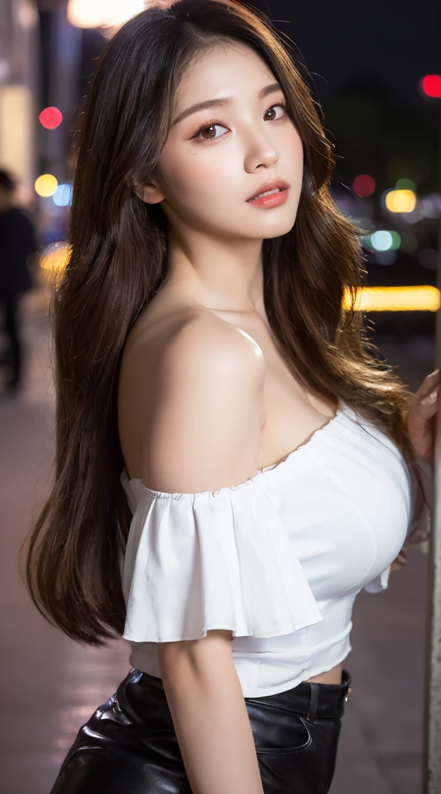 1 Girl, Beautiful, Baby Face, 20 Years Old, White Skin, Pose, Big Breast, (The Front of The Blouse is Open:1.3), Grey Eye, Muscles:1.3, Outdoor, Bokeh:1.1, Drill Hair, Tied Hair, ((Coloured Hair)), Open Mouth