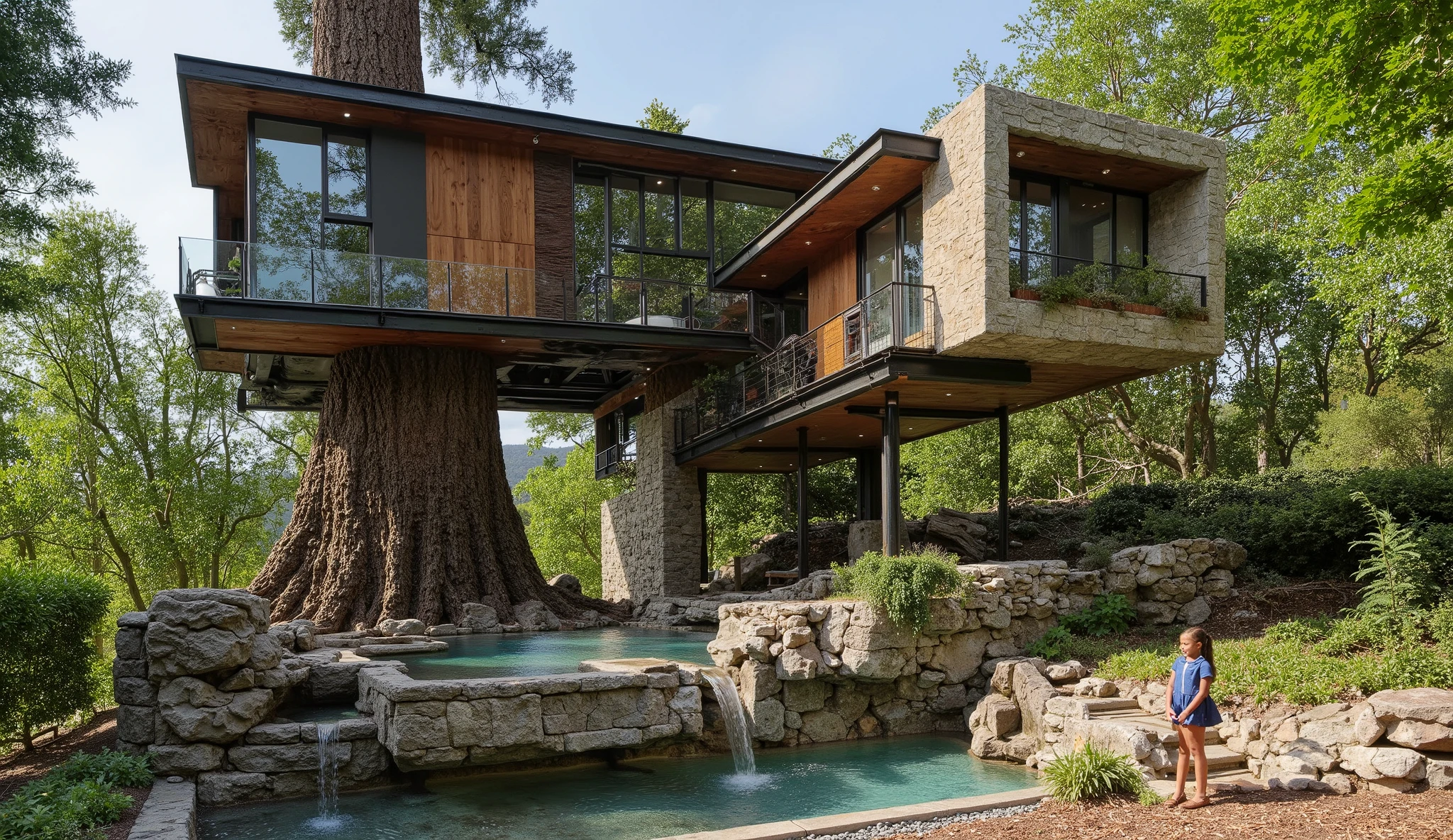 (巨大なtreehouseと豪邸ビルの融合:1.5),(巨木のレッドウッドの上にある巨大treehouse:1.5),(treehouse:1.5),(Modern 3-storey mansion standing on a giant tree:1.5)、There is a luxurious pool、(A waterfall cascades down from natural bedrock:1.5)、A girl is standing、(巨木のレッドウッドの上にある巨大treehouse:1.5)