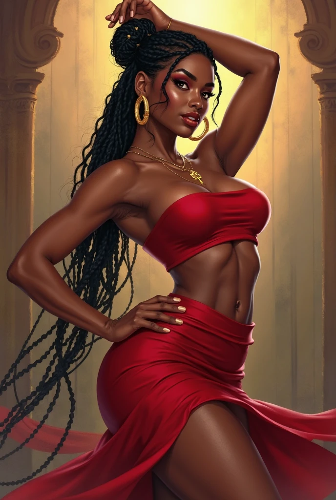 25 year old black woman, curly hair with strands falling in front of the face, intense red lipstick, voluptuous curves, red gypsy clothes with golden details also using typical accessories, in a dance pose