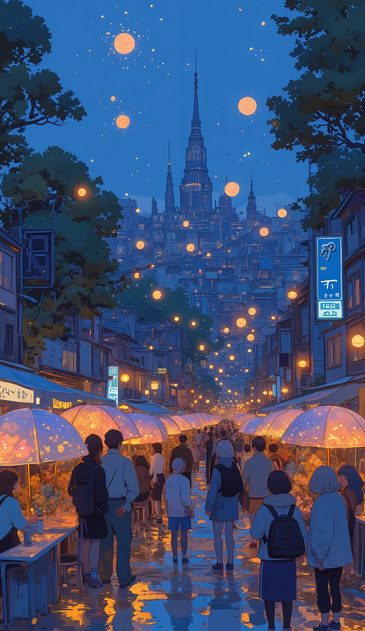 people with small umbrellas with lots of lights, torches and Firefly, Firefly and sparkling wisps, Firefly in the air, some Firefly flying in the air, Firefly, Firefly around, Magic Spark, Firefly flying around, Firefly!!, Mysterious still images, Firefly flying, Fireflyの軌跡