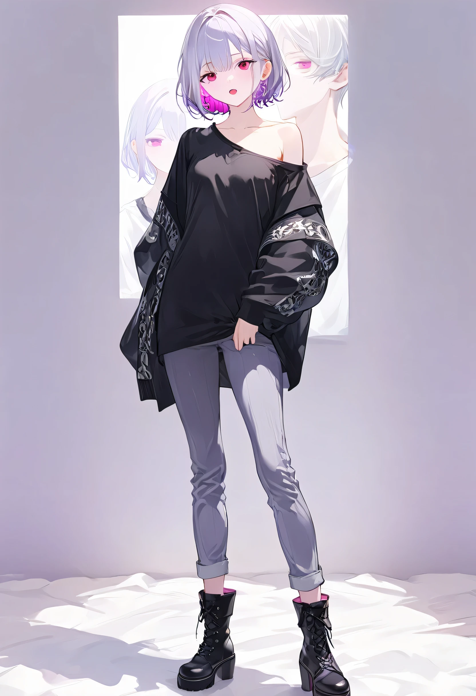 womanhood、Height 165 cm、Model Body、thin macho、Light purple inner color hair、magenta mesh hair、The skin is pale、black shirt、cool、 neutral、cool、Center-Parted Bangs、 genderless、short hair、silver hair、Light Red Eyes、若いwomanhood、A woman alone 、Full Body、Standing picture、front、Off-the-Shoulder Tops、 light gray skinny pants、short boots with heels、open your mouth、Standing picture、front、 depicting up to the toes 