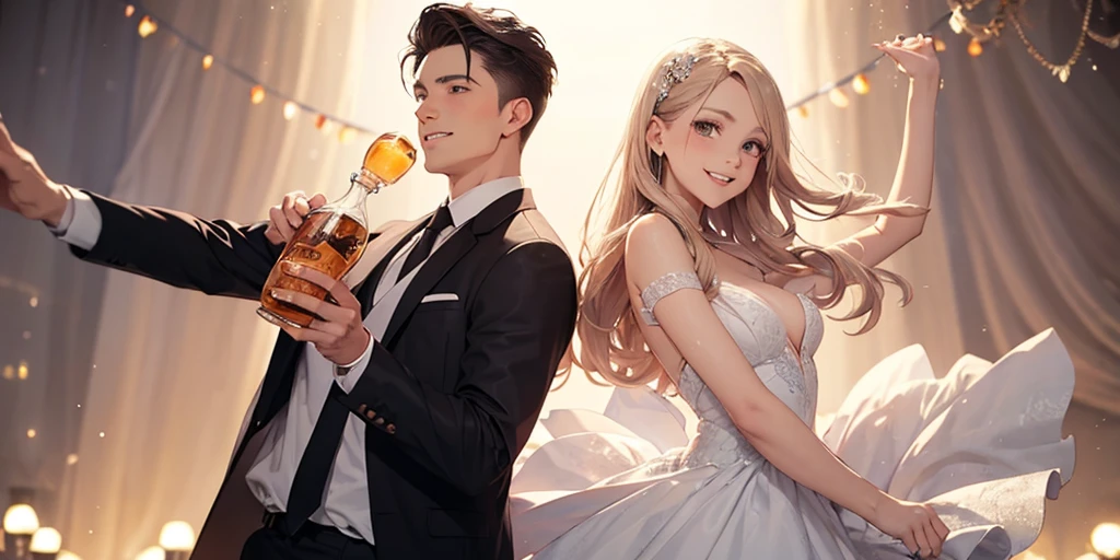 Couple celebrating a birthday with a gorgeous champagne tower at a cabaret club