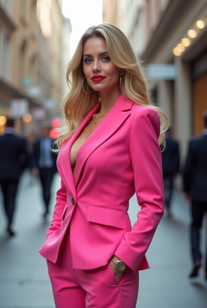 A beautiful busty blonde haired blue eyed woman resembling like Anna Nicole Smith, 21 years old, wearing red politician suit with white, smiling, seductive and walking through the streets of Paris, photorealistic, 8k, highly detailed, dramatic lighting, cinematic composition, elegant fashion, glamorous, intricate details, hyper realistic