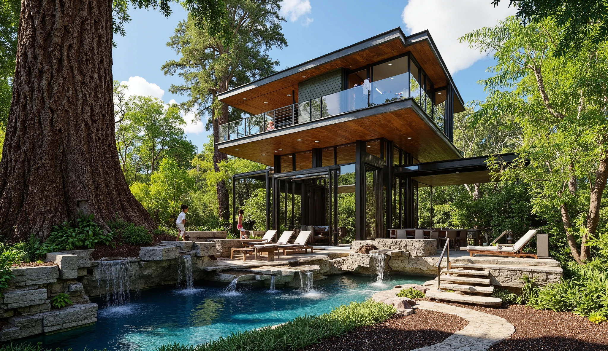 (巨大なtreehouseと豪邸ビルの融合:1.5),(巨木のレッドウッドの上にある巨大treehouse:1.5),(treehouse:1.5),(Modern 3-storey mansion standing on a giant tree:1.5)、There is a luxurious pool、(A waterfall cascades down from natural bedrock:1.5)、A girl is standing、(巨木のレッドウッドの上にある巨大treehouse:1.5)