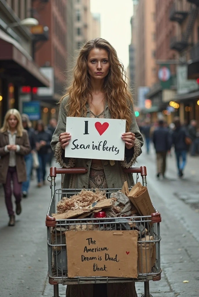Realistic style and real women, she is Blonde with short hair, she has an hourglass figure, she has a surreal, hentai-like physique, with exaggerated curves that showcase large buttocks and voluminous breasts and she is slim
Homeless woman, sitting on the sidewalk of a busy street, enjoying a summer breeze that rustles her messy hair
wearing an oversized cotton t-shirt that has already lost its original color, adorned with a vintage slogan that's fading over time, giving her a casual, casual air
she's wearing worn jean shorts, with a few tears in the pockets, revealing sun-tanned legs
her feet are clad in worn leather sandals, a testament to the many miles she's traveled, and her toenails are painted with chipped varnish
in her hands, she holds a cardboard sign, clumsily lettered “20 balles la pipe, 50 la passe”, with naive drawings that show her need for compassion