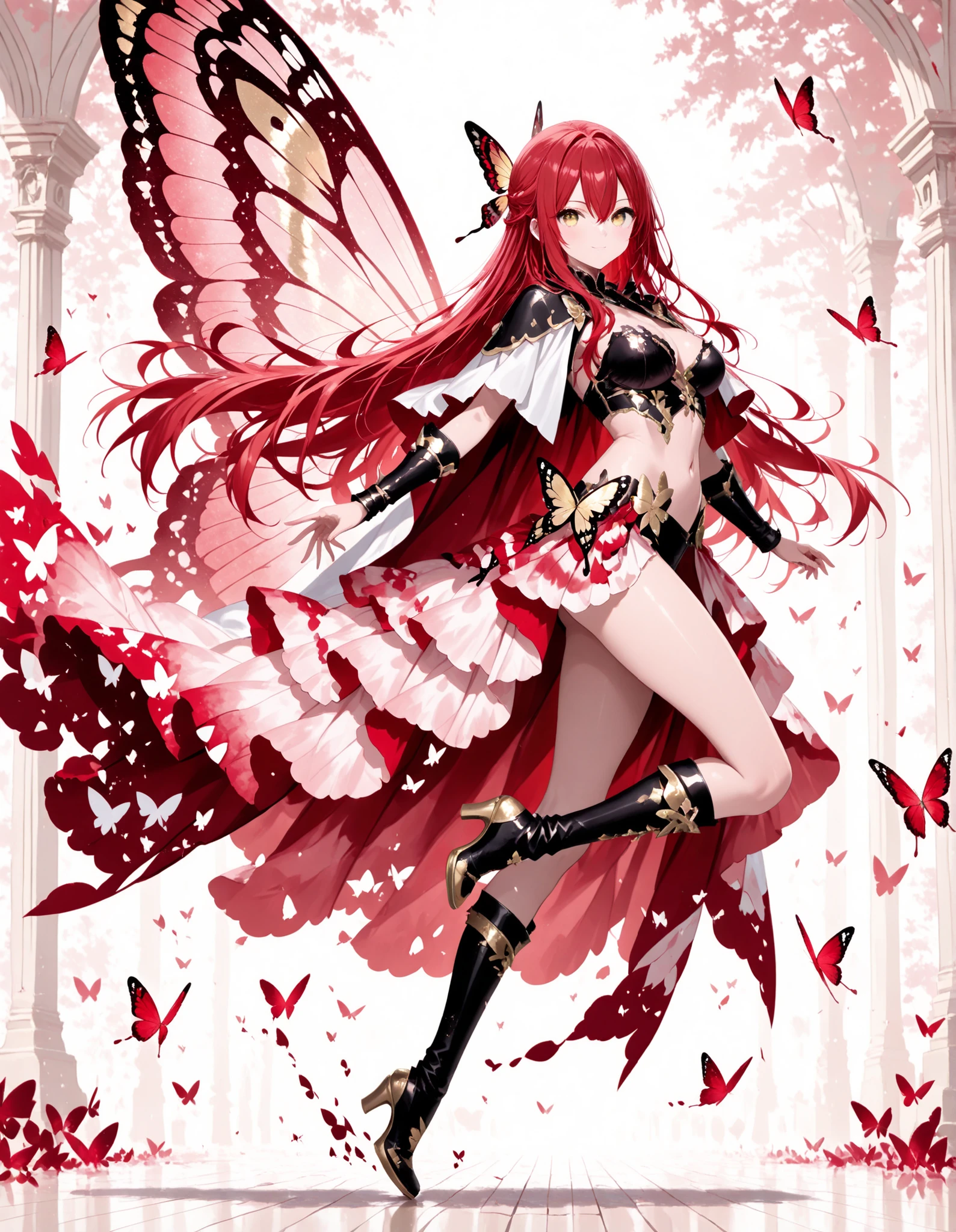 1 girl , golden eyes , very long hair , long sidelocks, red hair ,half updo, petite , very cute , beautiful ,Straight hair, cool, handsome, hair between eyes, sexy, female, medium large breasts, very cute, curvy, Wearing a very long cape, Cape with long sash, cape black and red, cape blows backwards and dissolves into butterflies, focus on the cape, side view, running movement, high heels boots, cargo skirt, crop top, butterfly dress, The cape dissolves and becomes butterflies, sharp focus, looking at viewer, (intricate:1.2), (pale red tone:1.1), (black tone:1.1), (pale red theme:1.1),
anime coloring, high contrast, (masterpiece:1.2), (best quality:1.2), (very aesthetic:1.2), (absurdres:1.2), (detailed background), newest, ai-generated, (intricate details:1.2),