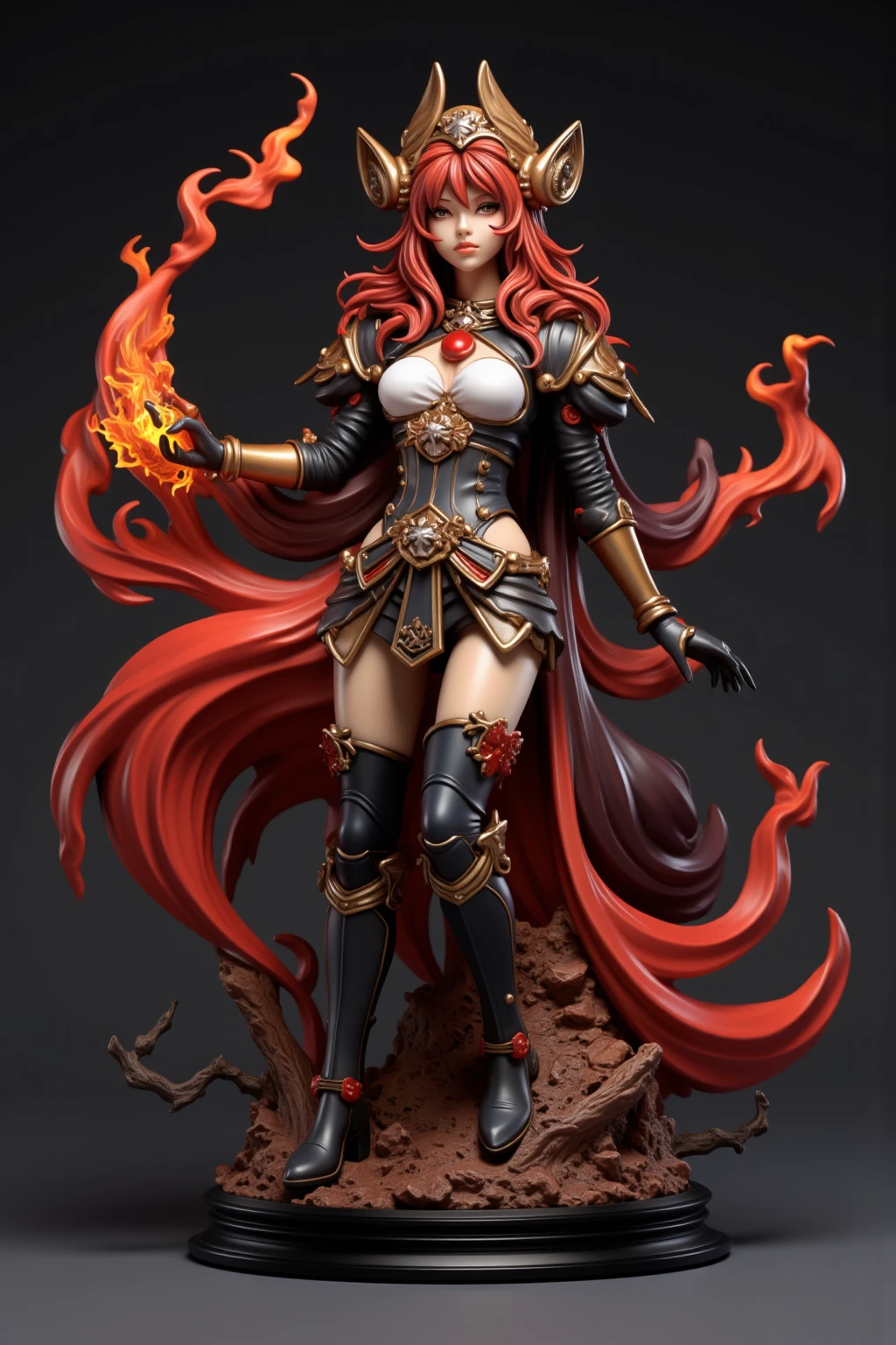 young girl, kim chaewon as a sexy young girl, full body view, fullbody, full body, kim chaewon is a girl, 1girl, fantasy gothic city background, kim chaewon, girl, small breast, figure, long red hair, red eyes, face front, tight fantasy crop suit, emotional face, make up, masterpiece, best quality, female sorcerer, fire power, fire around her, create fire from hands
