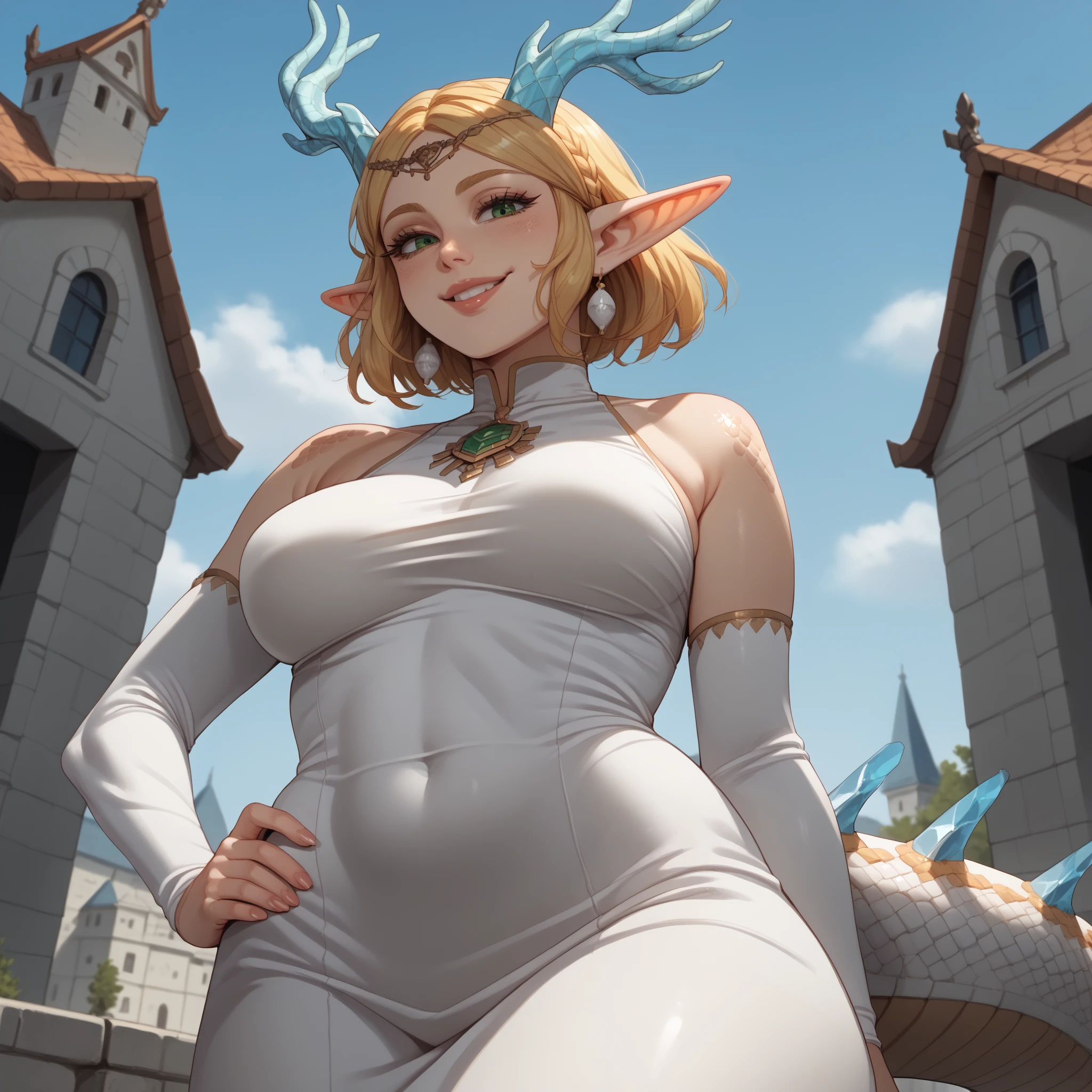 furry female, furry,  animal ears, big breasts, thick thighs, <lora:thefuckingdevil_V2:1.2>, best quality, highest quality, masterpiece, high resolution,  clean picture, smooth picture, high details, dragon dynasties, wyrm chronicles, draconic epochs, dragonlore ages, mythical being, draconic mejsty, BREAK,
dragon girl, (female, (dragon)), dragon claws, (looped ragon horns, curved dragon horns), dragon tail, white hair, short hair, blue eyes, BREAK,
(white skin, dragon skin scales skin, beautiful scales texture, stripes, scales, white scales, (body covered in scales)),  BREAK,
scale shaped obsidian gown, golden ornaments, shoulderless, cleavage, BREAK,