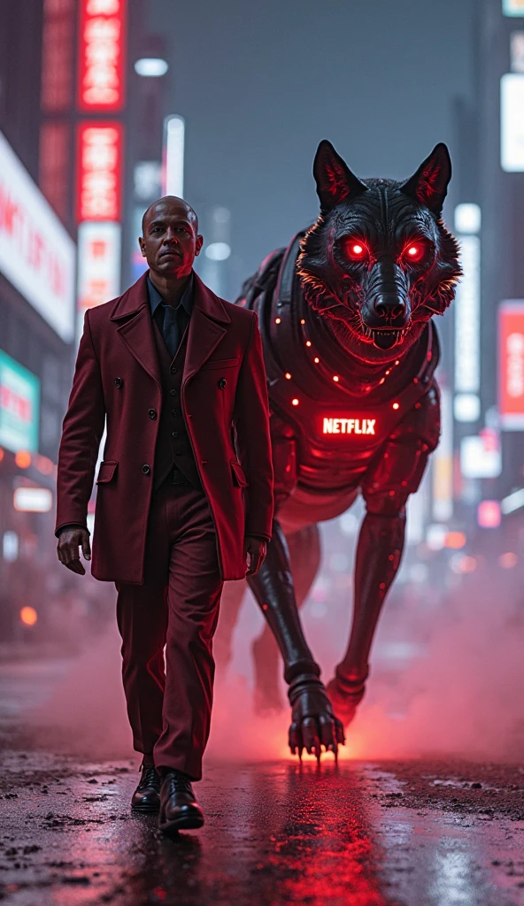 Rapist and evil dog man with red eyes with bleach hair with blue suit kill Vegeta in cyber punk in neoncity during night with neon red and blue light