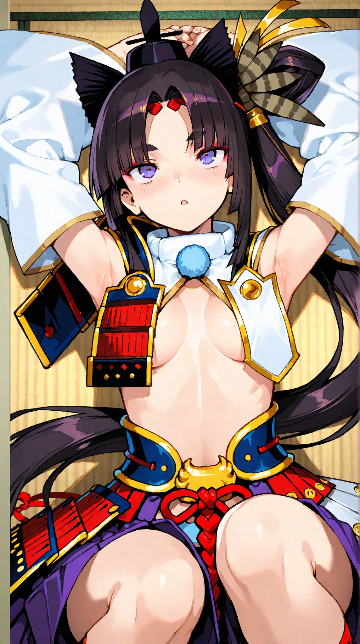 (MASTERPIECE), (Best Quality), (Ultra Detail), Official Art, One Girl, Black Haired Loli, Petite Little Girl, Priestess Loli, White and Red and Gold See-Through Dress, Off Shoulder, Small, Small, Small, Cleavage, Underboob, Thigh Focus, Navel, Card Illustration, Shrine