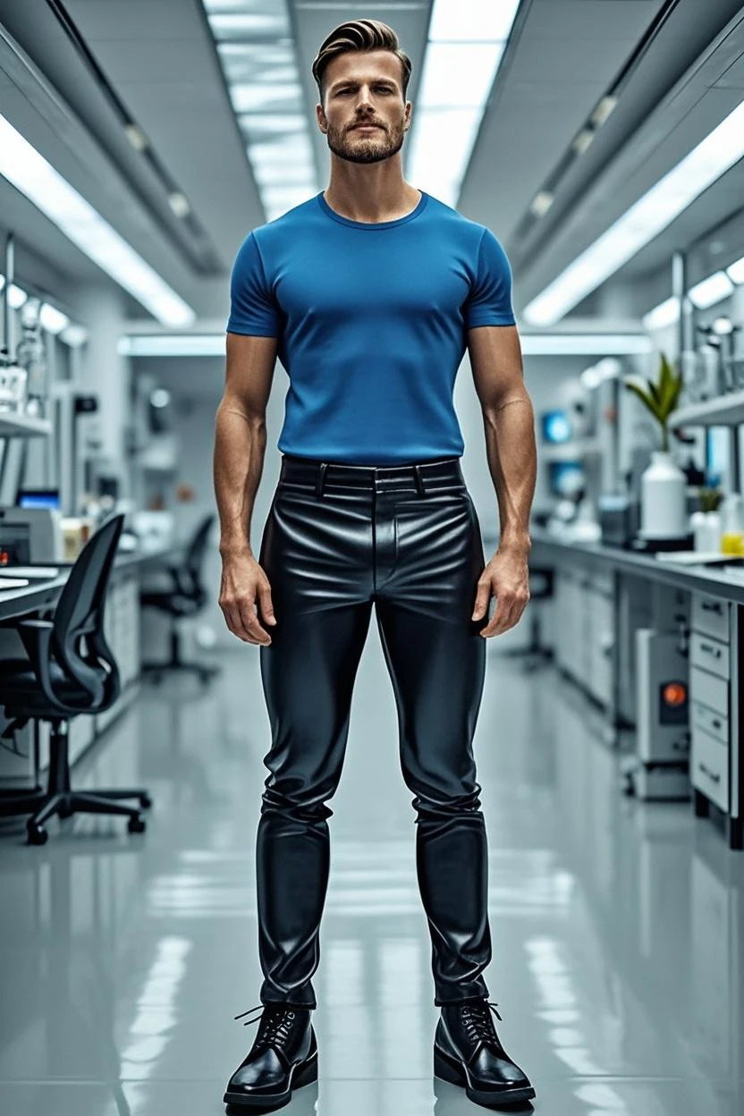 Handsome guy wearing a tight, transparent white shirt, gray tights, His dick was sticking out of his pants, standing in the office