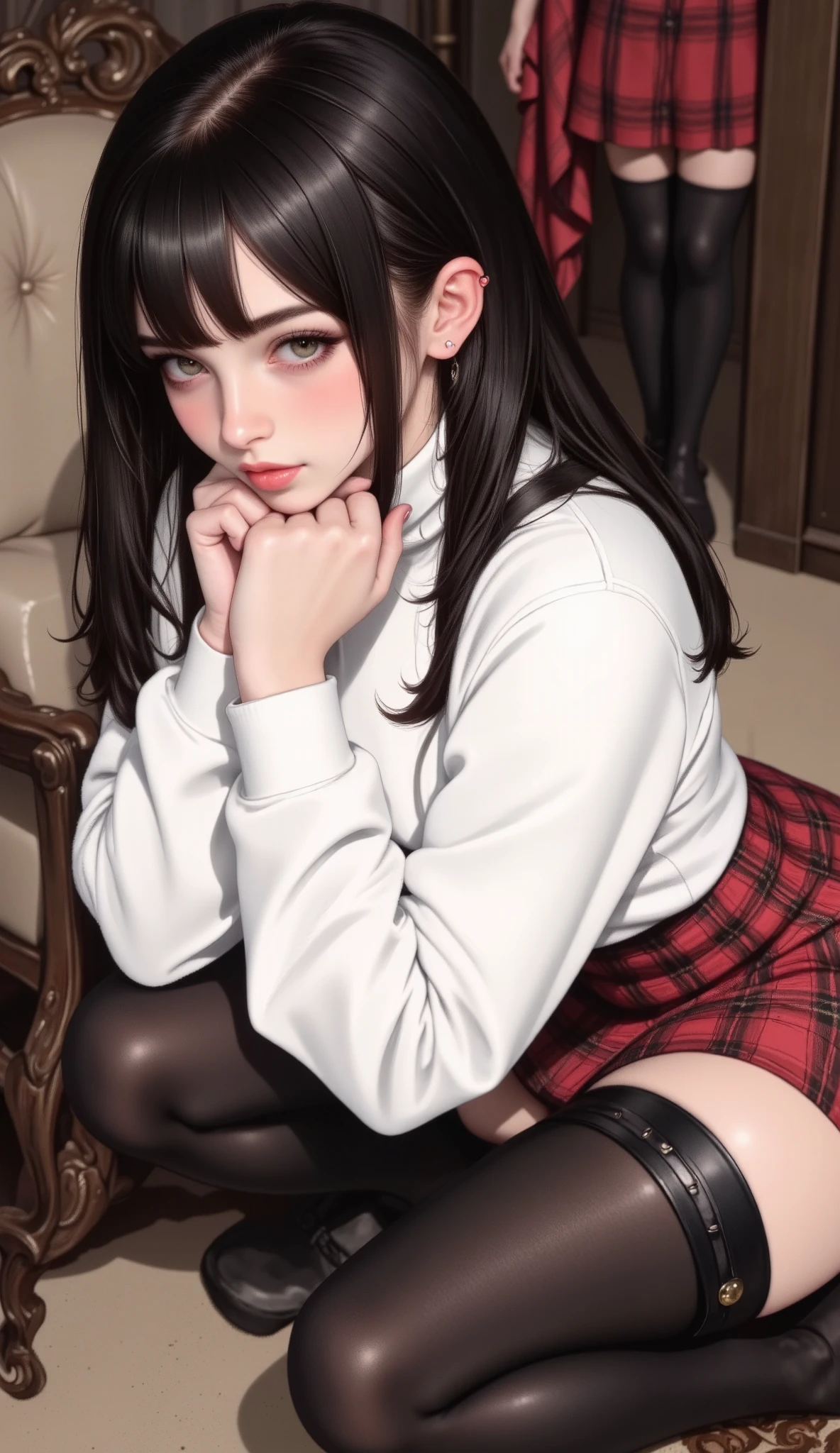 a woman with long hair that falls on her shoulders both hands on her face as if holding it and resting her elbows on her knees,shiny jet black hair,white sweatshirt and a red checked skirt. She wears black leggings under her skirt,sitting on a sofa,detailed and beautiful portrait,,highly detailed portrait,Detailed portrait of an anime girl,portrait of a girl,nice detailed art,Detailed woman,extremely Detailed woman,Detailed illustration of portrait,Beautiful drawing style,extremely detailed portrait,with long hair and piercing eyes,large breasts)
