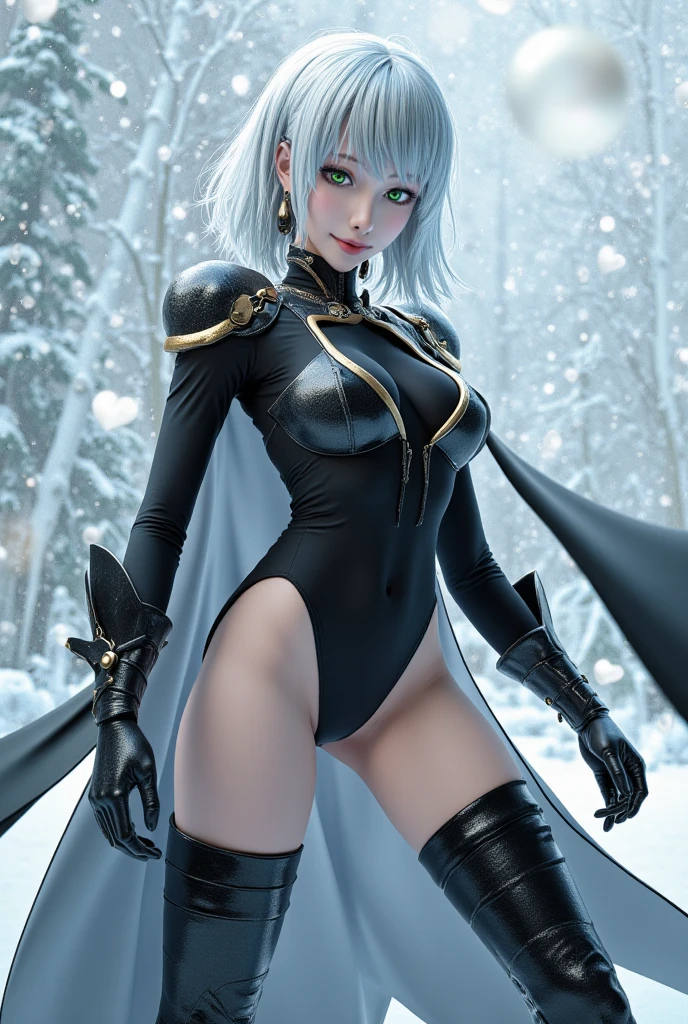 (photorealistic:1.8, highest quality:1.8,8K masterpiece:1.8,High resolution,muste piece:1.8),fantasy,(NieR:Automata,2B:1.9),(black blindfold:1.5),(black hair band,choker,white high leg,thigh high boots,Blake Black Skirt,black thigh high socks,Knee-high boots,Cleavage cut,cutting of clothes,high heels,long sleeve),(looking at the camera:1.2),(Photo seen from below:1.3),(bob cut,beautiful shining silver hair:1.5), (Medium chest:1.3),Pause(stand with legs apart,Seductive pose:1.5),background(snow scene:1.5,snow mountain:1.3,mountainous area),(detailed perfect face),normal hands:1.5,normal finger:1:5,normal feet:1.5,(cameltoe)