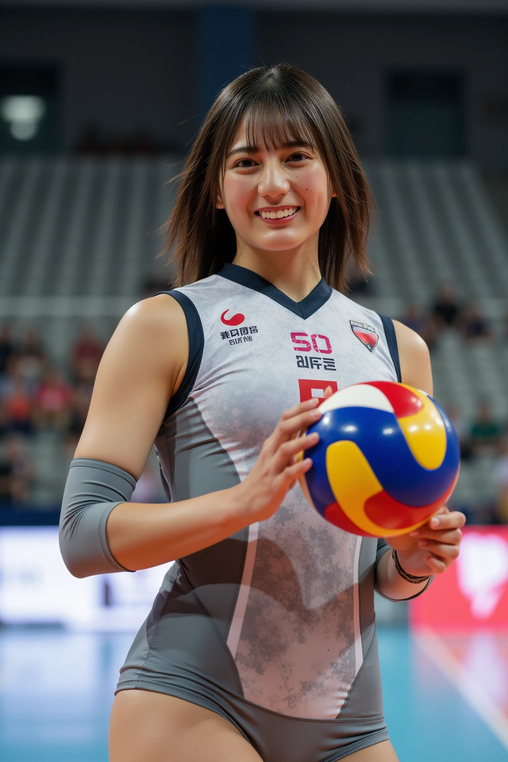 Volleyball Uniforms、woman、Big Breasts、Upper Body、gym、Smile、short hair、Brown Hair、