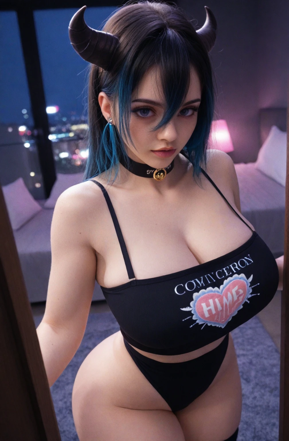  girl with blue hair and a black top holding a cell phone, seductive  girl, commission for high res, thicc, pixiv 3dcg, detailed digital  art, [ 4 k digital art ]!!, 8k high quality detailed art, extremely detailed artgerm, commission for, pov furry art, , top rated on pixiv