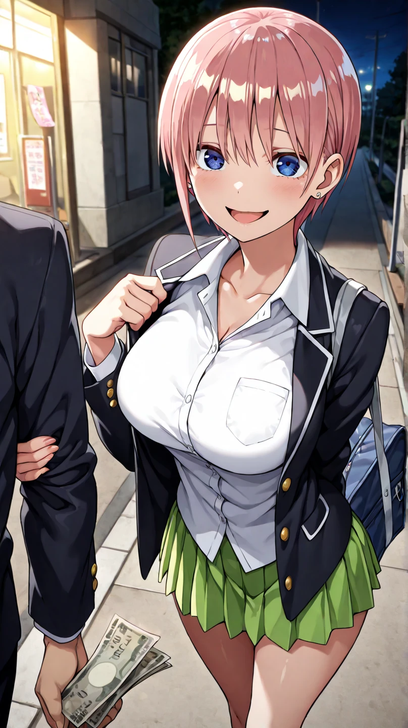 masterpiece, Highest quality, High resolution,(throw_hand grabbing chest),,One girl, One boy,Age difference,bow tie,Blonde,chest,Long Hair,Pink Hair,pleated skirt,Tucked in shirt,short hair,skirt,smile,Tent shirt,amusement_garden,breasts grab,腕をつかむ女の子