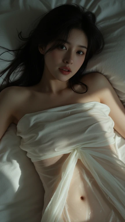 NSFW, imagine 1 girl in a large white silk shirt to sleep, with voluminous breasts hidden by the thin silk shirt, with just thin black panties in various perspective angles.