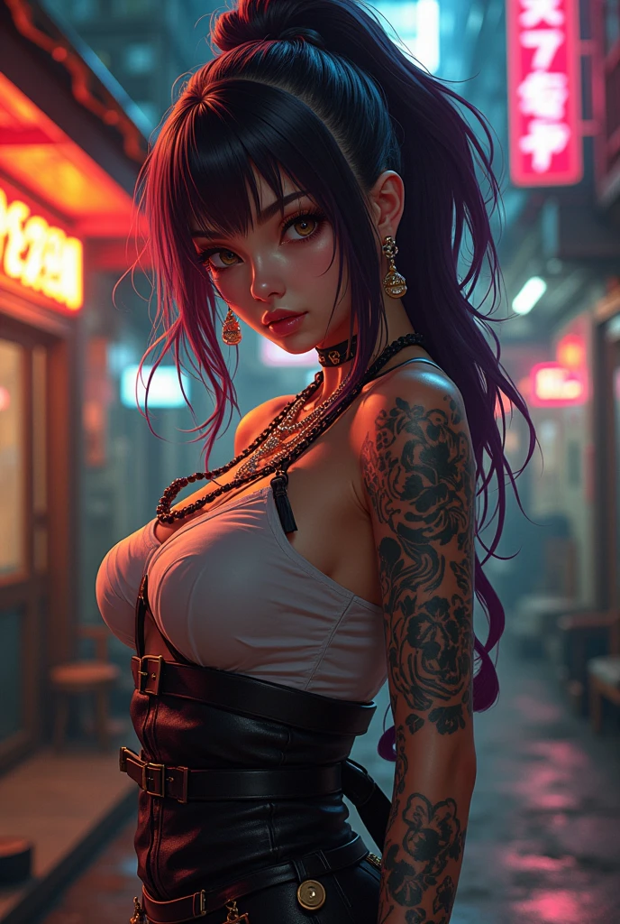 ((best quality)), ((master part)), ((highly intricate details)), 1girl,(Cao Cao,175cm),(muscular plump:1.2), (yellow eyes,detailedeyes),seductiveexpression,,evil smirk,(piercing no umbigo),erotic posing,bad girl,whore,Prostitute,Prostitute,Fumar uma ciggarette,(red long dress), (tattoo's:1.4), bimbo breasts, strong eyeliner, heavy make-up, (half_Buzzcut,platinum hair;),plein-air,Street,Red Light District, night time,(tone abs:0.8),