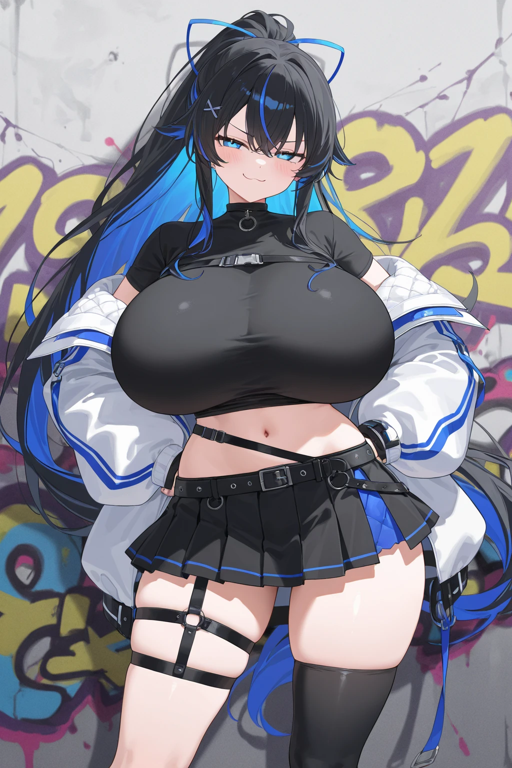 Masterpiece, High definition, high quality, detailed face, detailed body rendering, 1girl, solo, Hinata, nude, large breasts, white eyeballs, standing, blush, smile seduction, nude shoulders, hands on hips, house, night