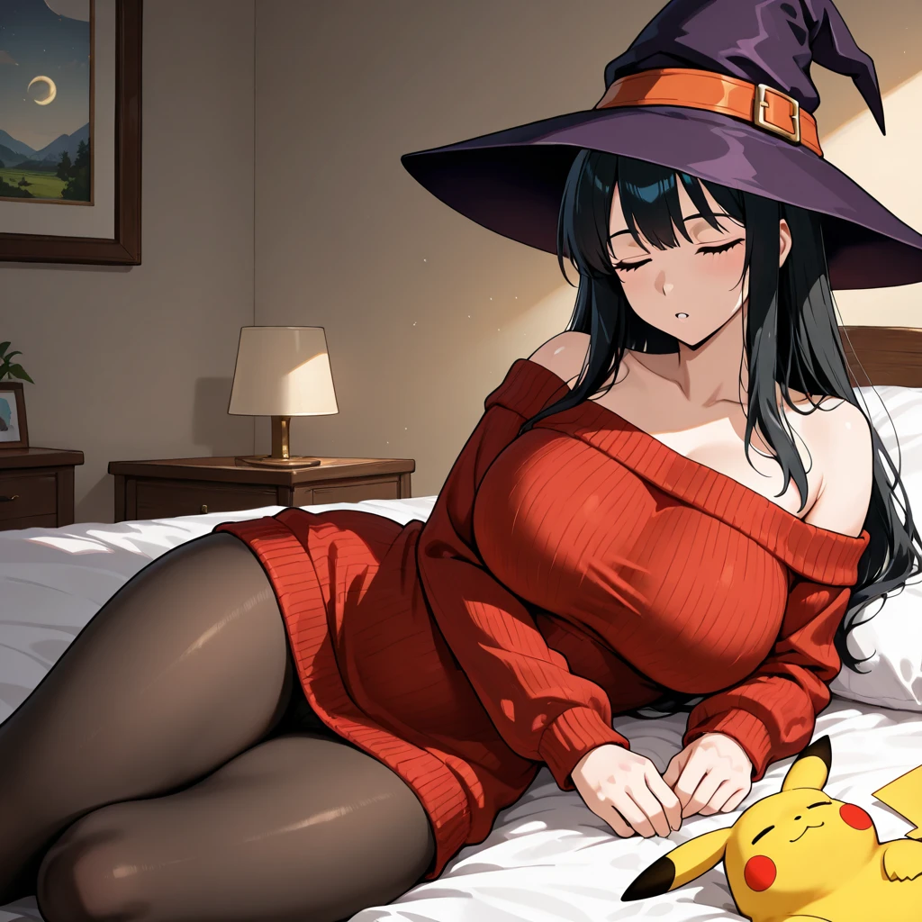 masterpiece, best quality, highres, aahex, hex maniac \(pokemon\), long hair, ahoge, purple hairband, purple eyes, @_@, large breasts, long dress, black dress, long sleeves, <lora:hex_maniac_v1:0.7>, outdoor, night, holding poke ball, poke ball,
