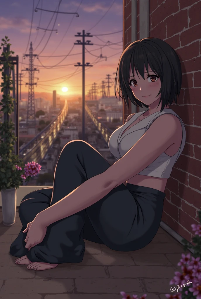 Draw a scene that depicts urban ruins in a desert at dawn. In the center of the composition, a female hunter stands in a torn shirt and denim shorts, sweating as she picks fruit in a makeshift garden among the ruins. The sun is rising in the background, painting the sky with beautiful warm colors. Highlight volumetric lighting and hypercontrast to emphasize the details of the ruins and landscape. Include wild rose bushes around, adding a touch of natural beauty in contrast to the desolate surroundings.