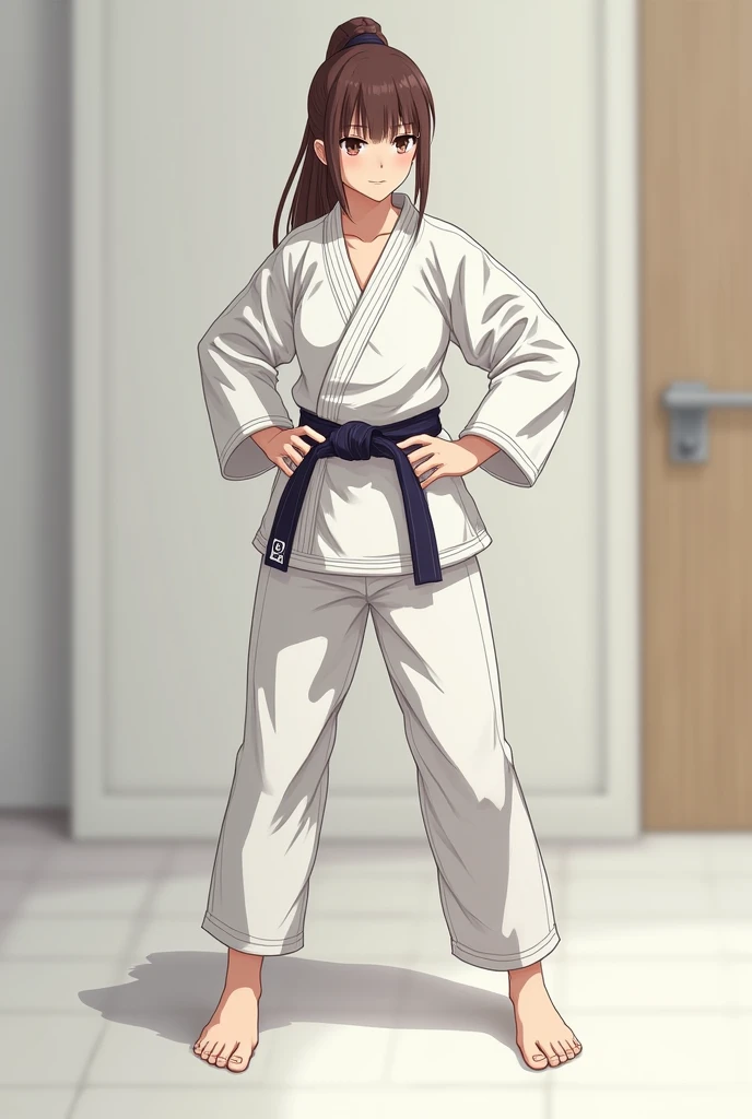 best quality, masterpiece, highres, detailed, digital artwork, <lora:Detail - add_detail:0.2>, JudoCh, dougi, black belt, white pants, dojo,  <lyco:Change - JudoCh:0.8>, fighting stance, brown hair, black eyes, empty eyes, evil smile, EikoHozuki, <lora:Character - EikoHozuki:0.9>, long hair, medium breasts