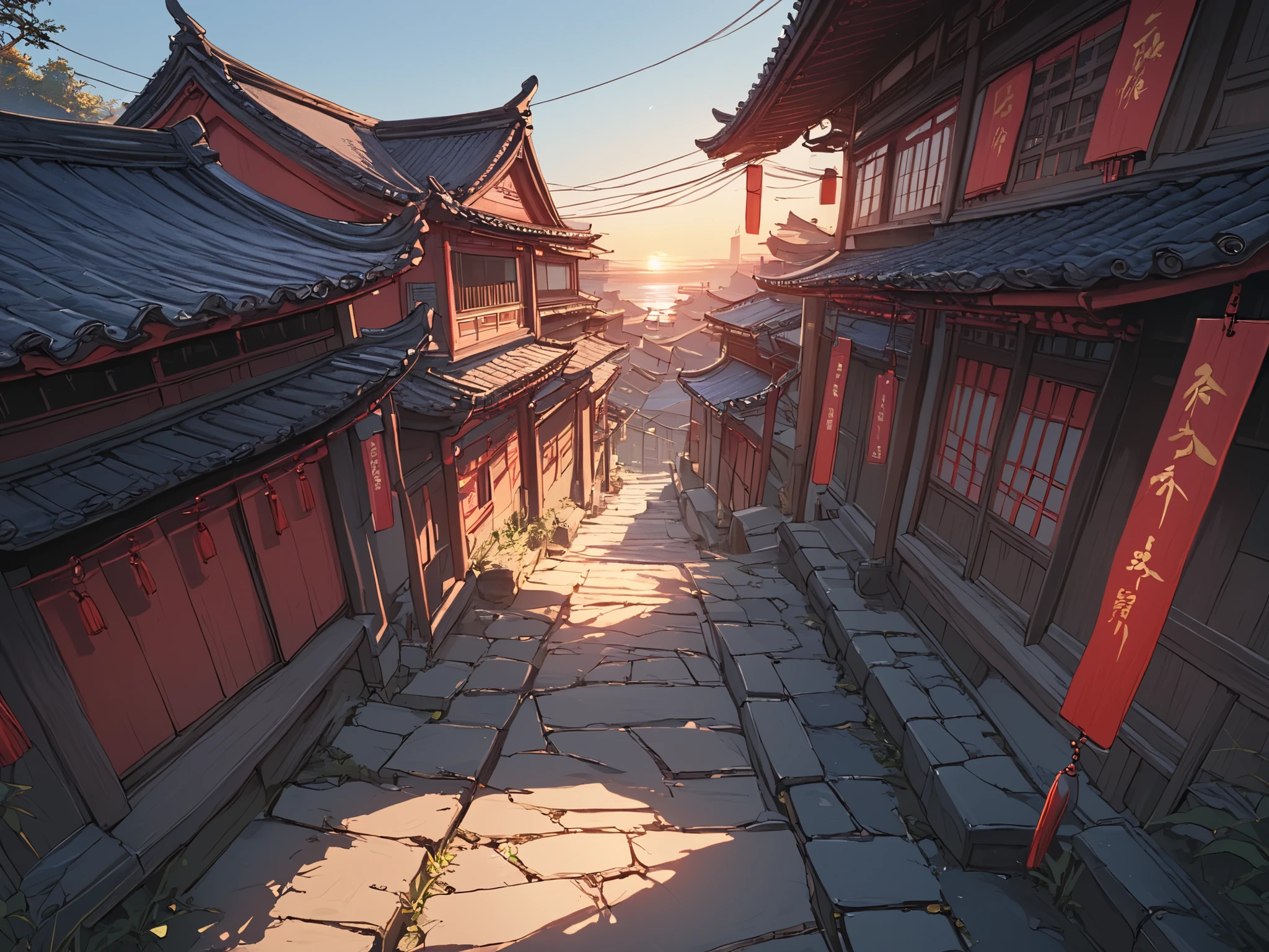 chinese houses, streets, sunrise, depth of field, cinematic lighting, blending, Wide-Angle, UHD, masterpiece, super detail, high details, high quality, best quality, highres