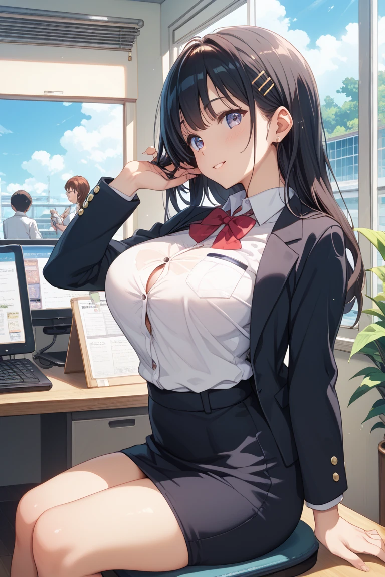 (bank teller, bow, short sleeves, black pantyhose, white shirt, pencil skirt, vest:1.2), Beauty、20-year-old、masterpiece、highest quality、(8k, highres), (embarrassed:1.1), blush, (shirt front open, show off bra:1.1), (hugging own breast), (pussy juice), Inner thighs