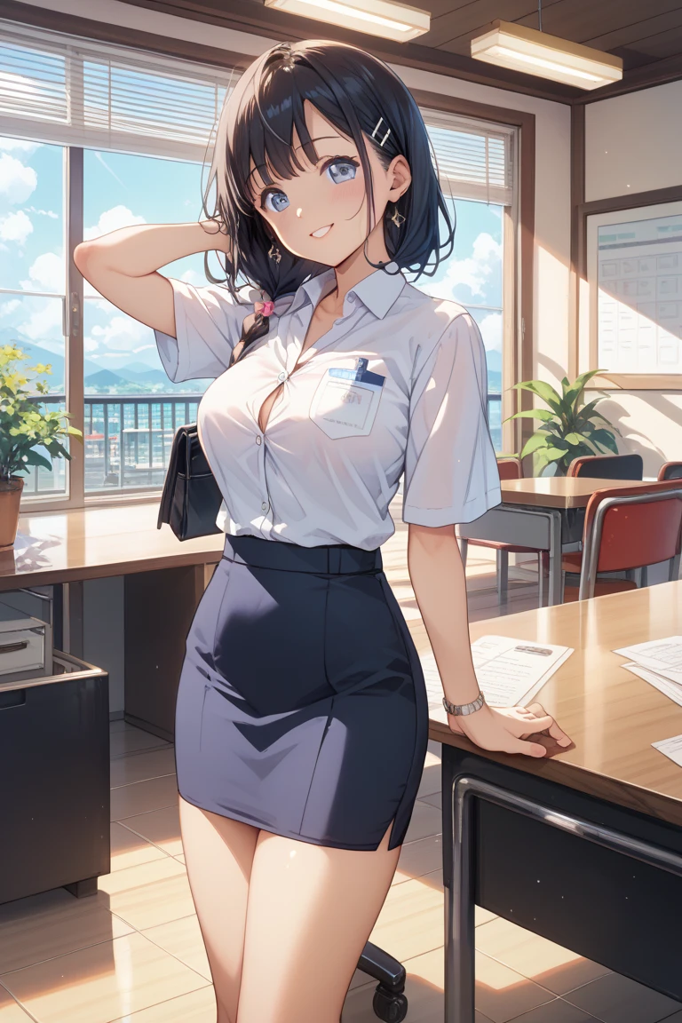 ((masterpiece, Highest)), (One girl), (Mature Woman), Brown Hair, Tight Skirt，White shirt, sprawled out, (office lady), bangs, Small breasts, slim, smile, [Wide Hips], office, Are standing, got it  (Blue File), 8K quality, Vibrant，((Highest品質)), (Very detailed), (High-definition CG synthesis 8K wallpaper), 高いly detailed, 高い-definition raw color photos, Professional photography, (((Bokeh))), Written boundary depth,Beautiful feet，sassy，辣腕のofficeレディ