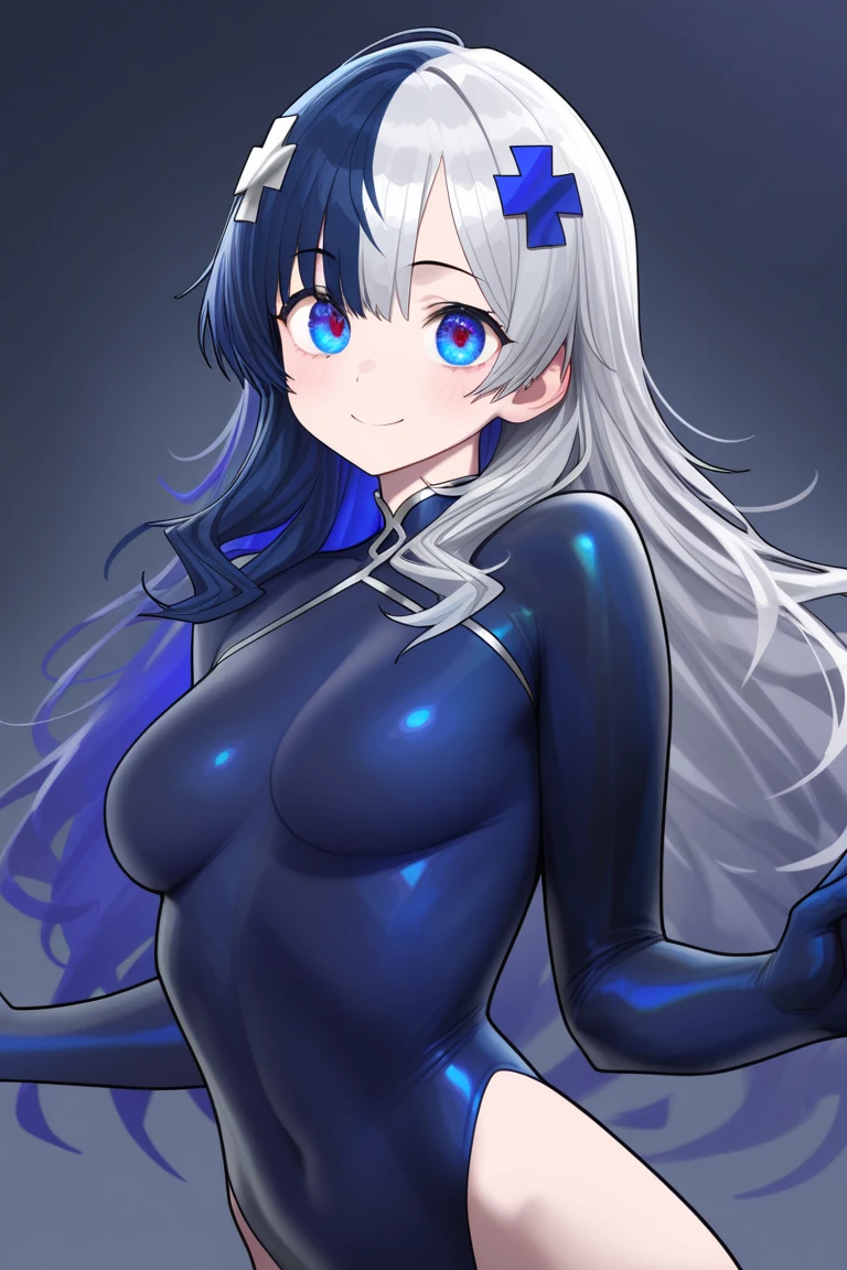 ((masterpiece)), (Highest quality), (Simple style), Silver hair, straight hair, blue eyes, cleavage, sheer rider suit