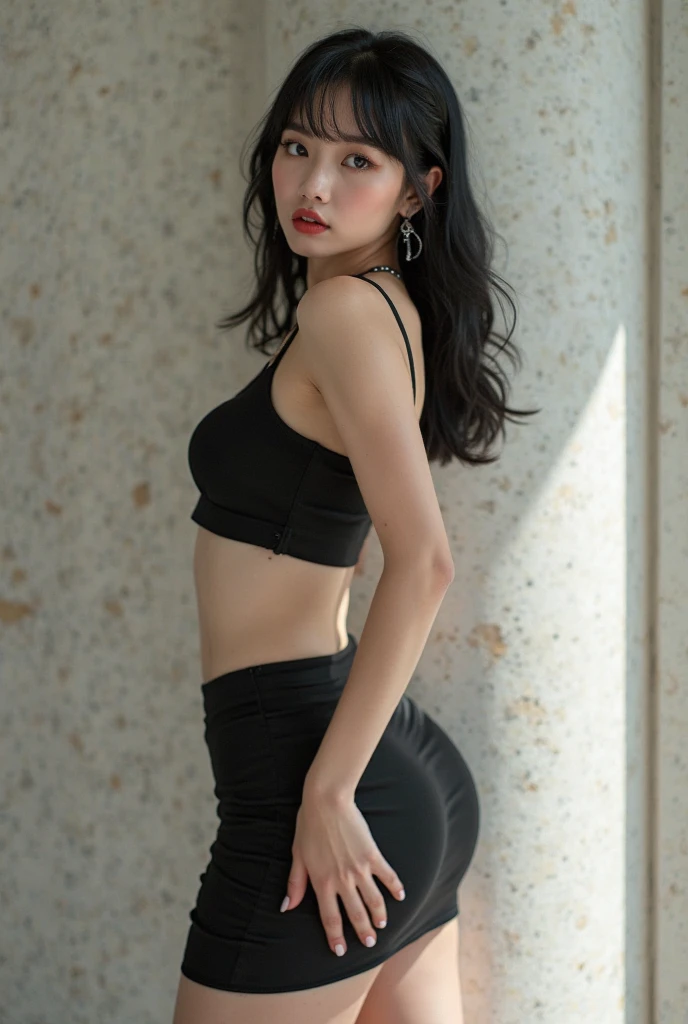 japan woman, aged 21, rounded face features, super cute, chubby, toned midriff, very big butt, thick thighs, enormous bust staying close to her body, red and black dress with translucent veils and skirt and golden chains . She is looking back over her shoulder seductively. In a porn studio, (sweat on the ass), ((focused on the pussy)), (Angle focused on the glutes), men holding their cocks with cum dripping, bending over pushing ass towards camera, perfectly normal vagina