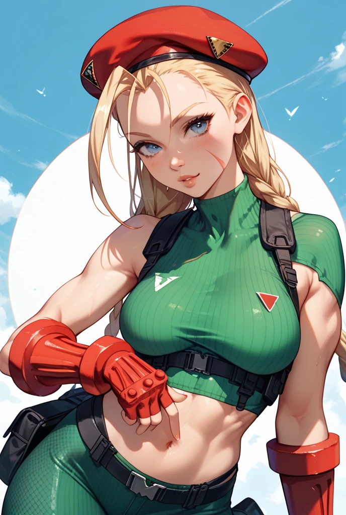 ((best quality)), ((highly detailed)), masterpiece, absurdres, (detailed eyes, deep eyes), (1girl), upper body, cammy white, twin braids, long hair, blonde hair, antenna hair, blue eyes, scar on cheek, large breasts, smiling, beret, (red headwear:1.3), green leotard, sleeveless, red gloves, fingerless gloves, camouflage, fighting stance, (outdoors, at a stairway, sunset)