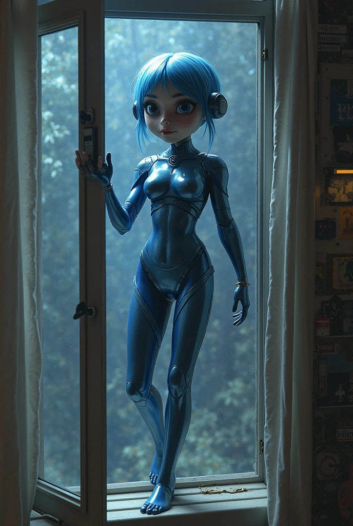 a woman with blue hair, fair skin, blue eyes, wearing a blue long-sleeve shirt, blue headphones, strong legs. expression of joy, happiness, dynamic pose.