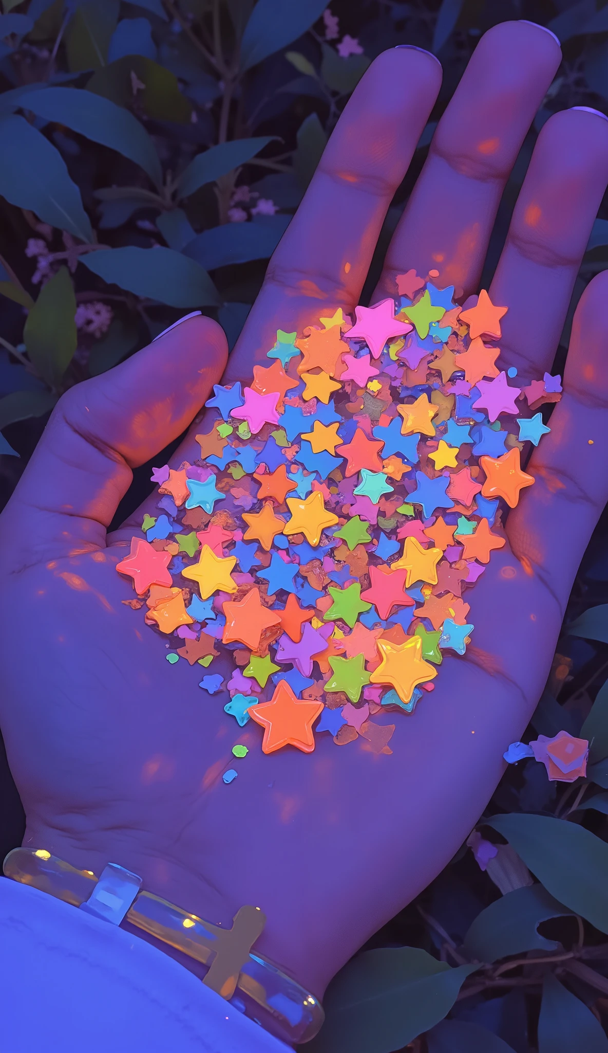 一対のhandが様々What a small, dark Colorful star-shaped confetti and sparkling spots shining in the background, texture background. hand, not a formal scene, gentle yet intentional grip, fingers bent slightly to hold the sparkling assortment. The confetti piece has a vivid, rainbow hues, and contains a shade of red, orange on the back, yellow, Blue and, handの暗い色調との印象的なコントラストを生み出し. is shaded around, emphasizes the brilliance of the stars and glitter, multicolored stars add a whimsical and dreamy texture to the scene. has a balanced overall composition, handときらめく粒子との触覚的な相互作用に焦点を当てています.
