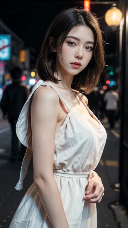 Random Pause, Mix 4, (8K, Original photo, Highest quality, masterpiece: 1.45), (Actual, Vibrant: 1.37), Skinny Japanese woman, One girl, Charm, City view, night, rain, Wet, Professional Lighting, Photon Mapping, Radio City, Physically Based Rendering, Gradient black hair, Short Curly Hair, good looking, girl, T-Shirts, High resolution, 1080P, (Beautiful face), (Detailed facial depiction), (Detailed description of the hands), (Detailed CG), Extreme light and shadow, Messy Hair, Lots of details, (exquisite features), (Highest quality photos), (Beautiful Eyes), Look in front of you, Thin clavicle,