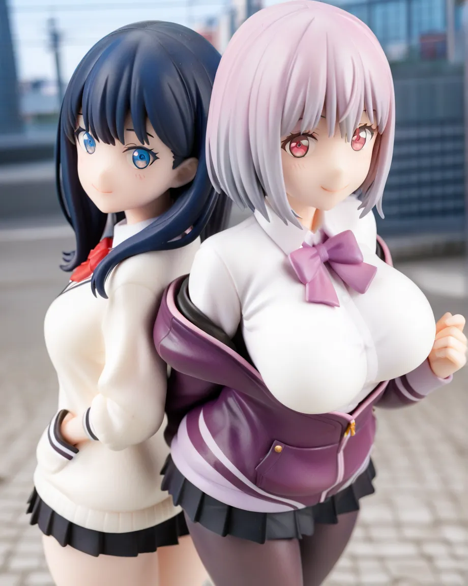 a masterpiece of two plump girls with cyan-blue colored hair, huge fuzzy hairstyle, parted-bangs, hazel eyes, and matching uniforms with sexy lace accents, ribbons, and rainbow short skirts, wearing white thigh-high socks and black high heels, hugging each- other with a seductive smile, flat color background, full body, ultra-detailed, (best quality,4k,8k,highres,masterpiece:1.2),ultra-detailed