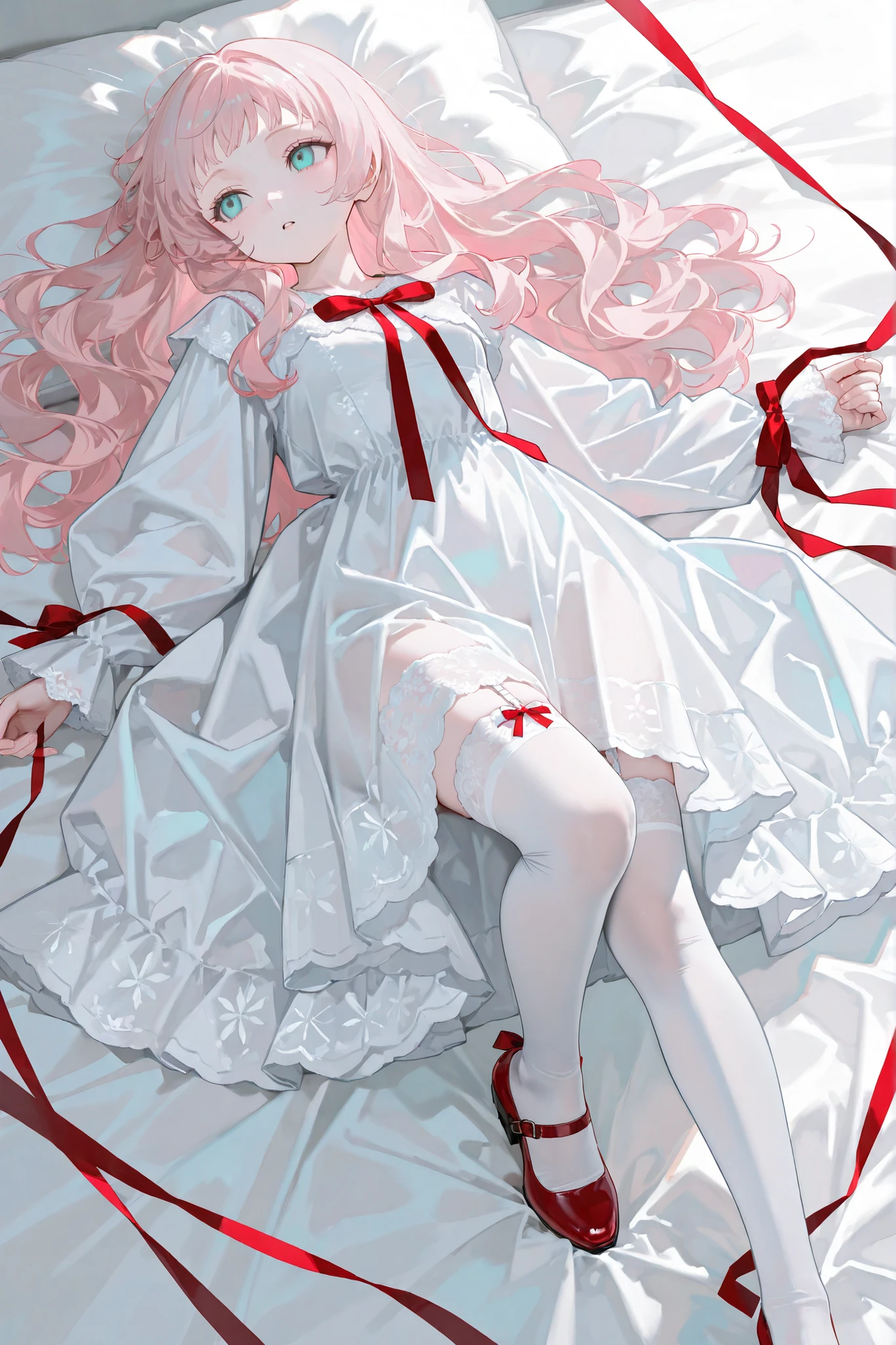1 woman, beautiful, small breasts, adult, wavy hair, light pink hair, long hair, turquoise eyes, Round eyes, short bangs, choppy bangs, pale and clear skin,a girl in a white lace dress standing confidently, with a bow decoration, highlighting the matte texture of the skirt, white knee-high stockings, projection, high resolution, high quality, high detail, masterpiece, best quality, projection. Lying in bed with a red ribbon on my wrist,red shoes